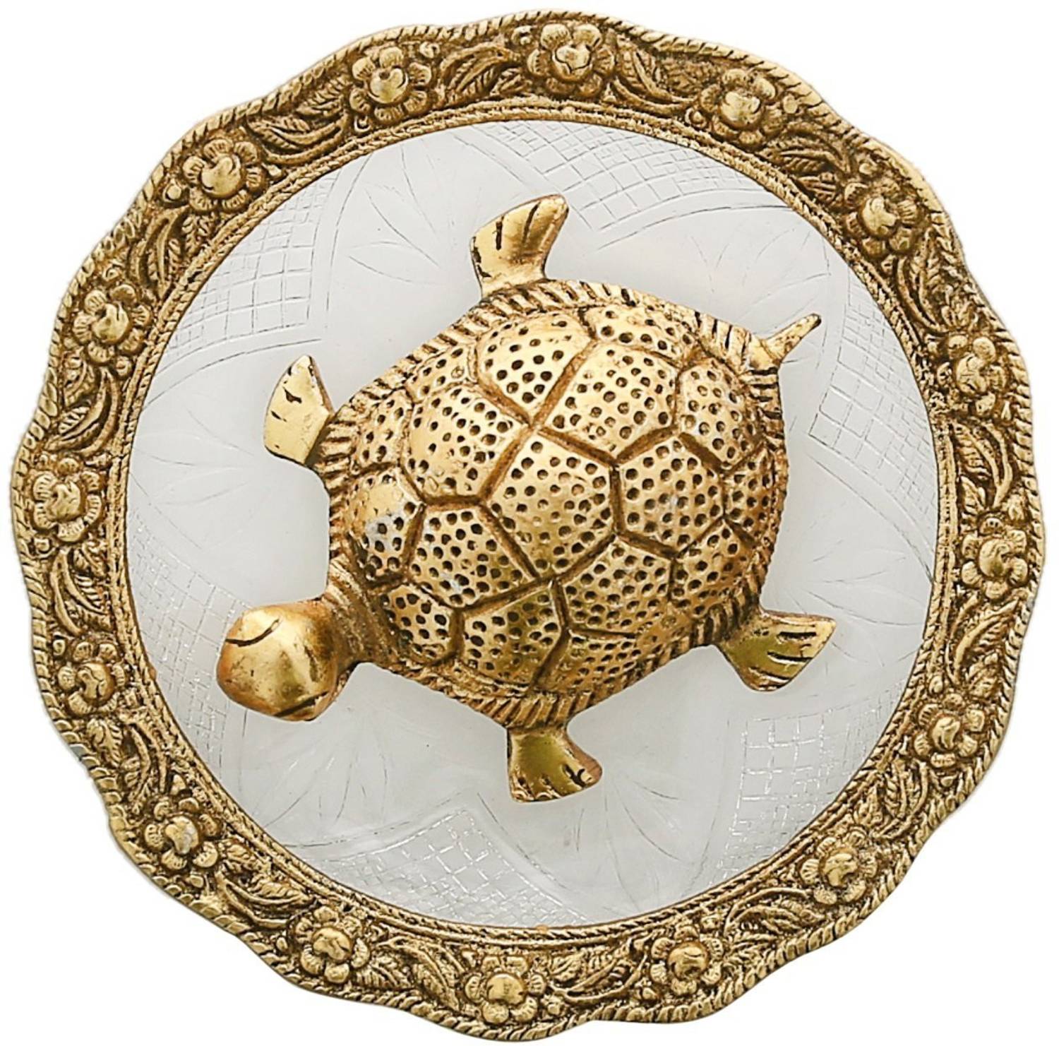 AapnoCrafts White Metal With Glass Plate Feng Shui Metal Tortoise ,Turtle Plate Yantra Vastu Feng Sui Decorative Showpiece - 10.16 cm