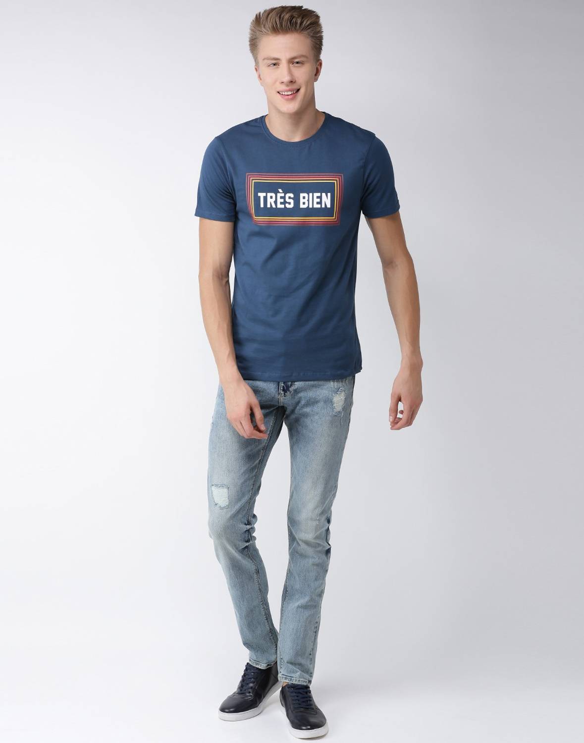 Celio Printed Men Round Neck Blue T-Shirt