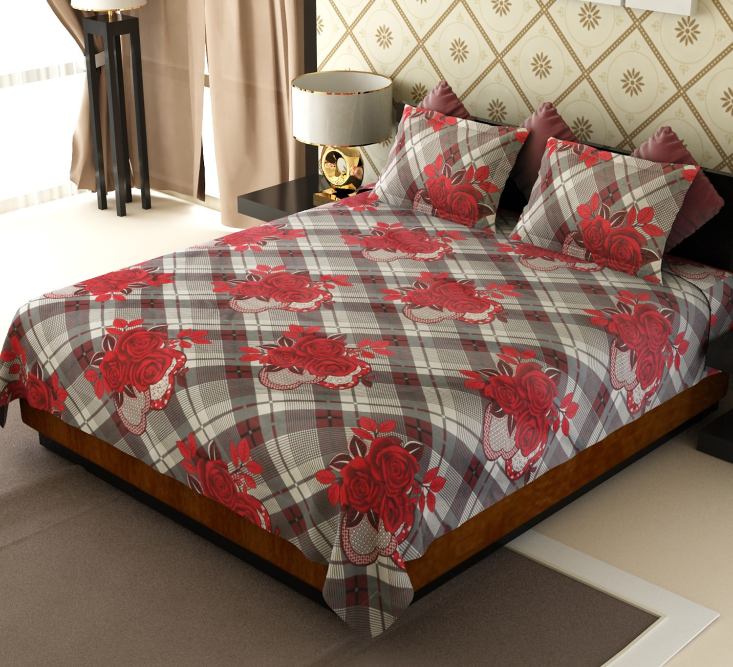 Image of Flipkart SmartBuy Polycotton Double Flat 104 TC Floral 1 Bedsheet with 2 Pillow Covers