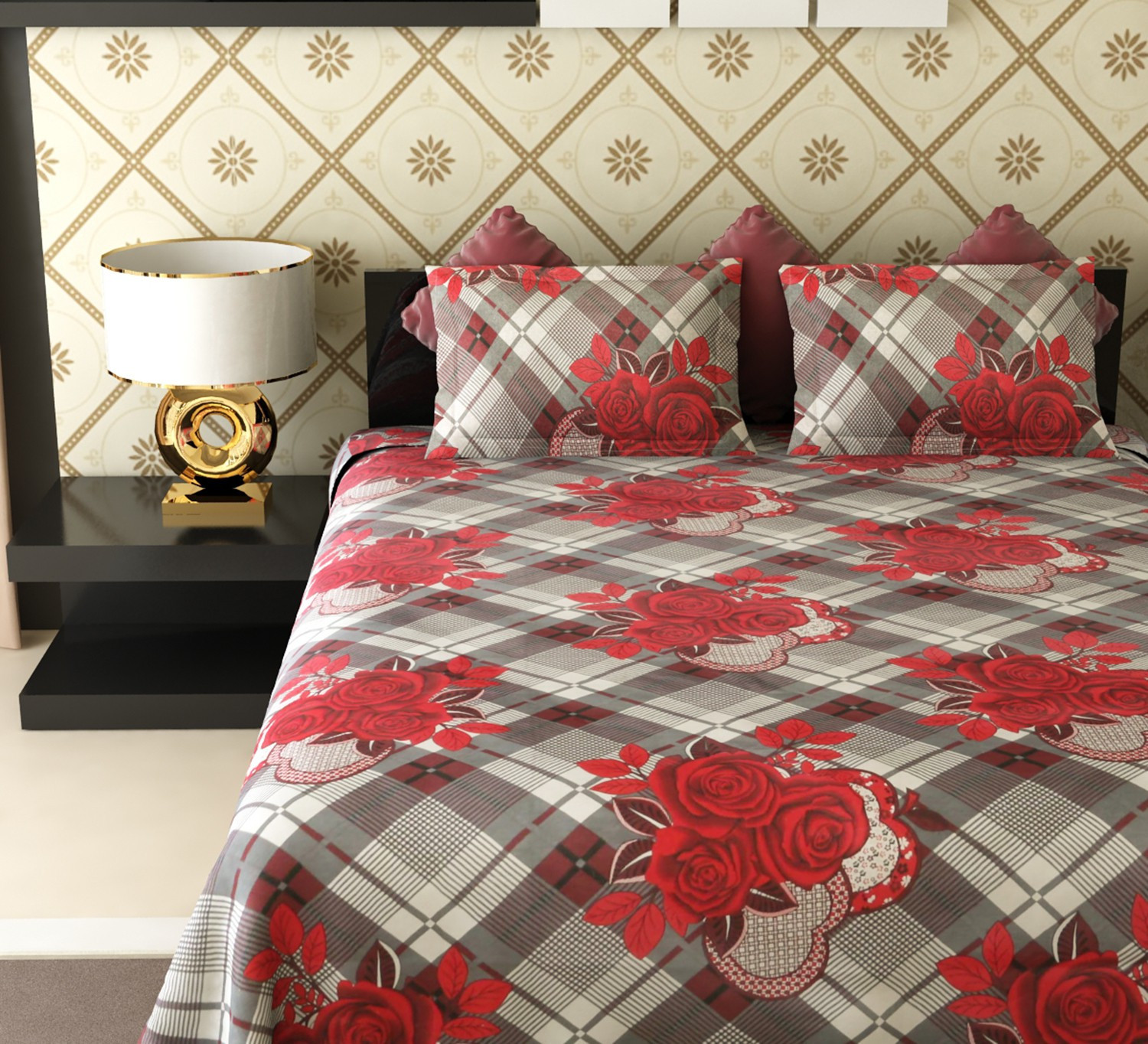 Image of Flipkart SmartBuy Polycotton Double Flat 104 TC Floral 1 Bedsheet with 2 Pillow Covers