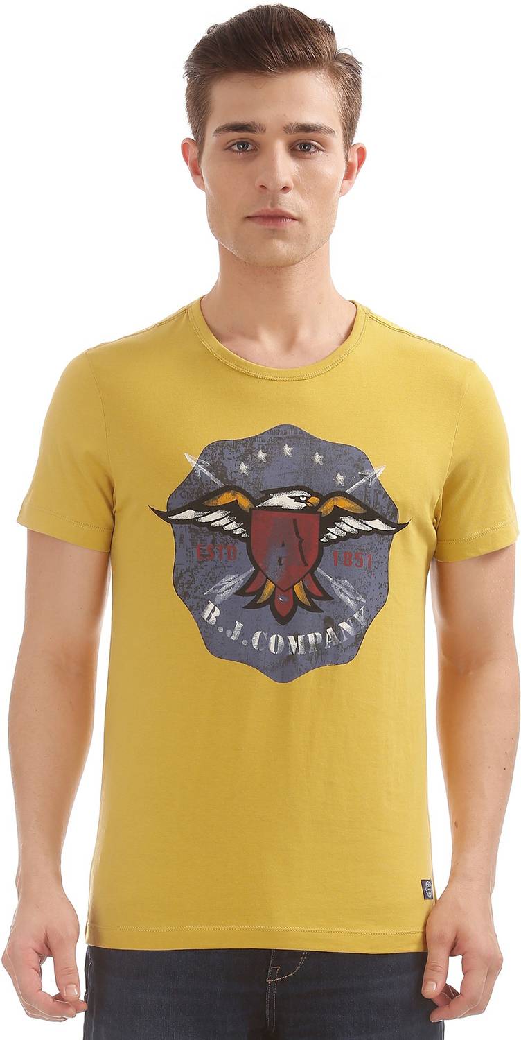 Arrow Jeans Printed Men Round Neck Yellow T-Shirt
