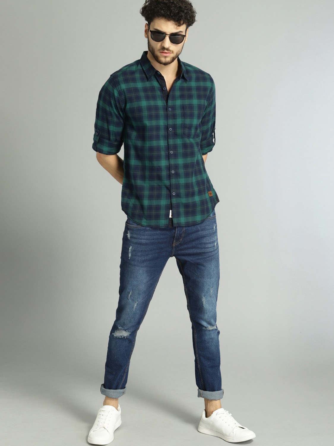 Image of Roadster Men Checkered Casual Green Shirt
