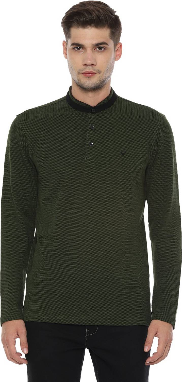 Allen Solly Self Design Men Henley Neck Dark Green T-Shirt