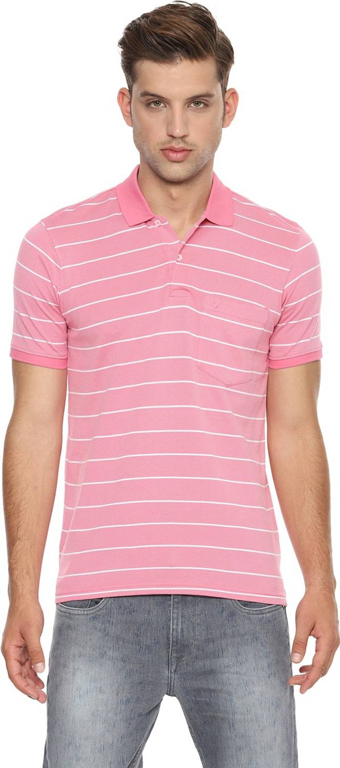 Allen Solly Striped Men Polo Neck Pink T-Shirt