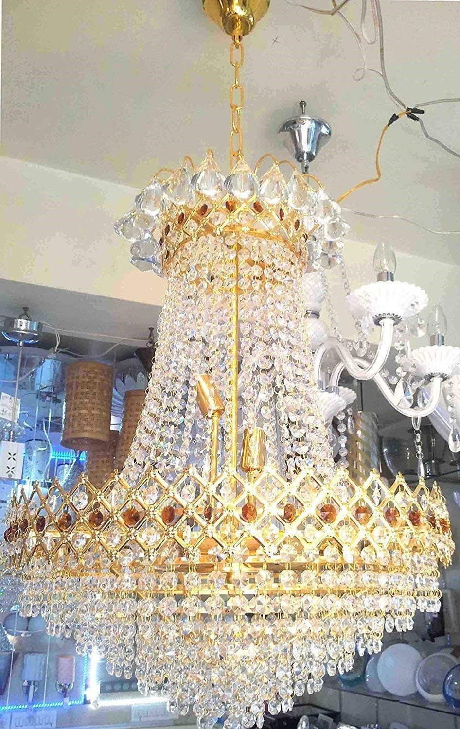 Image of Shri Mahal Antiques Crystal Big Size Jhhomar Lamp Ceiling Light For Living Room /Hall /Bed Room etc Chandelier Ceiling Lamp