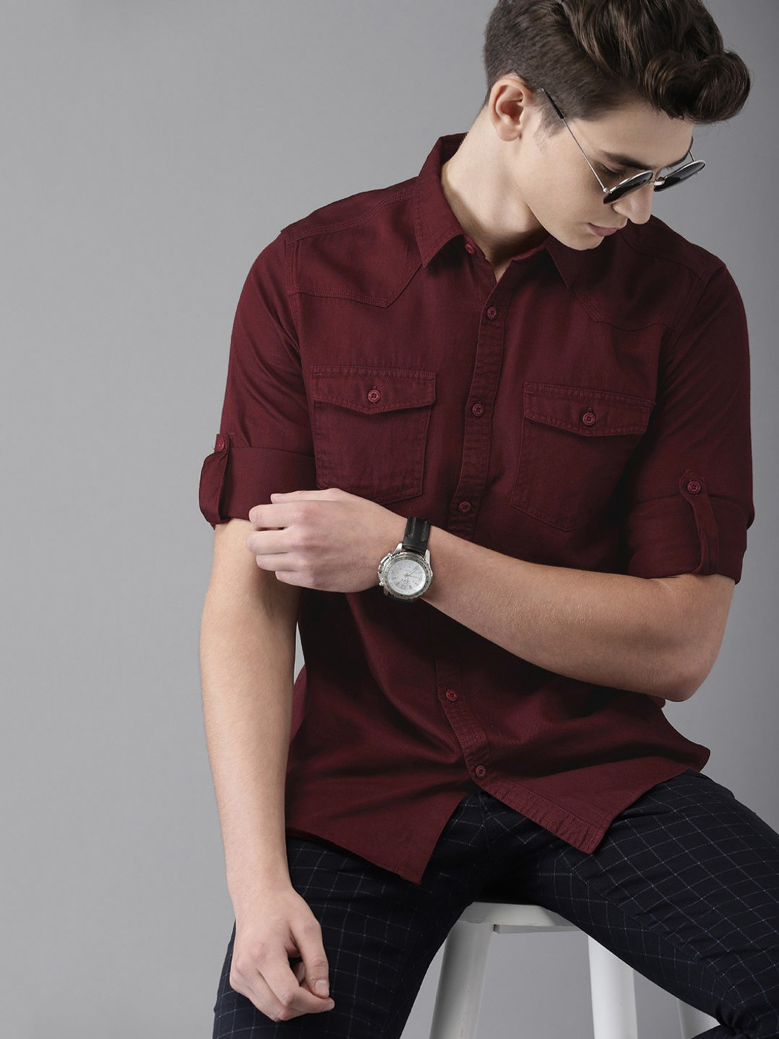 Image of HERE&NOW Men Solid Casual Maroon Shirt