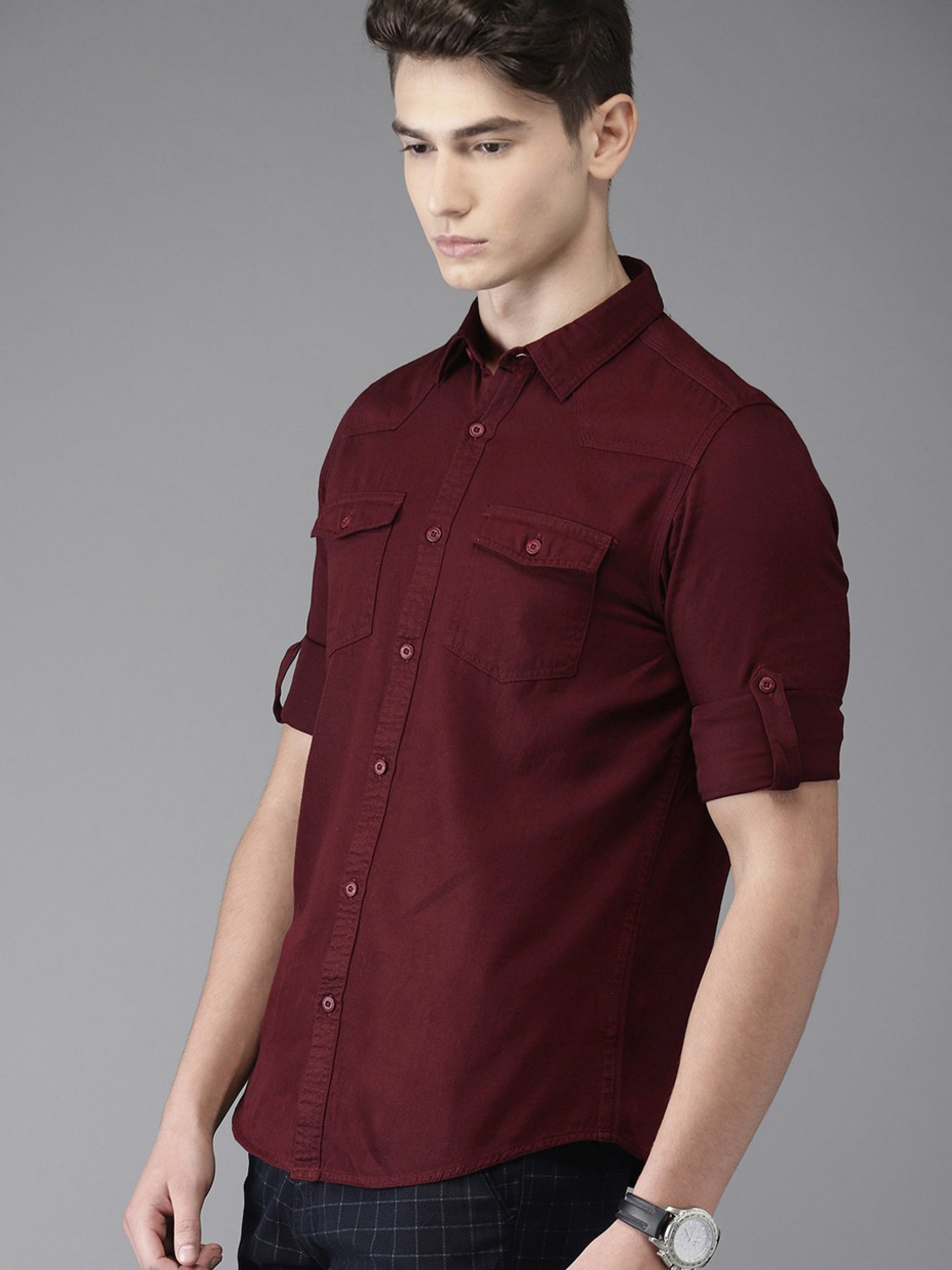 Image of HERE&NOW Men Solid Casual Maroon Shirt