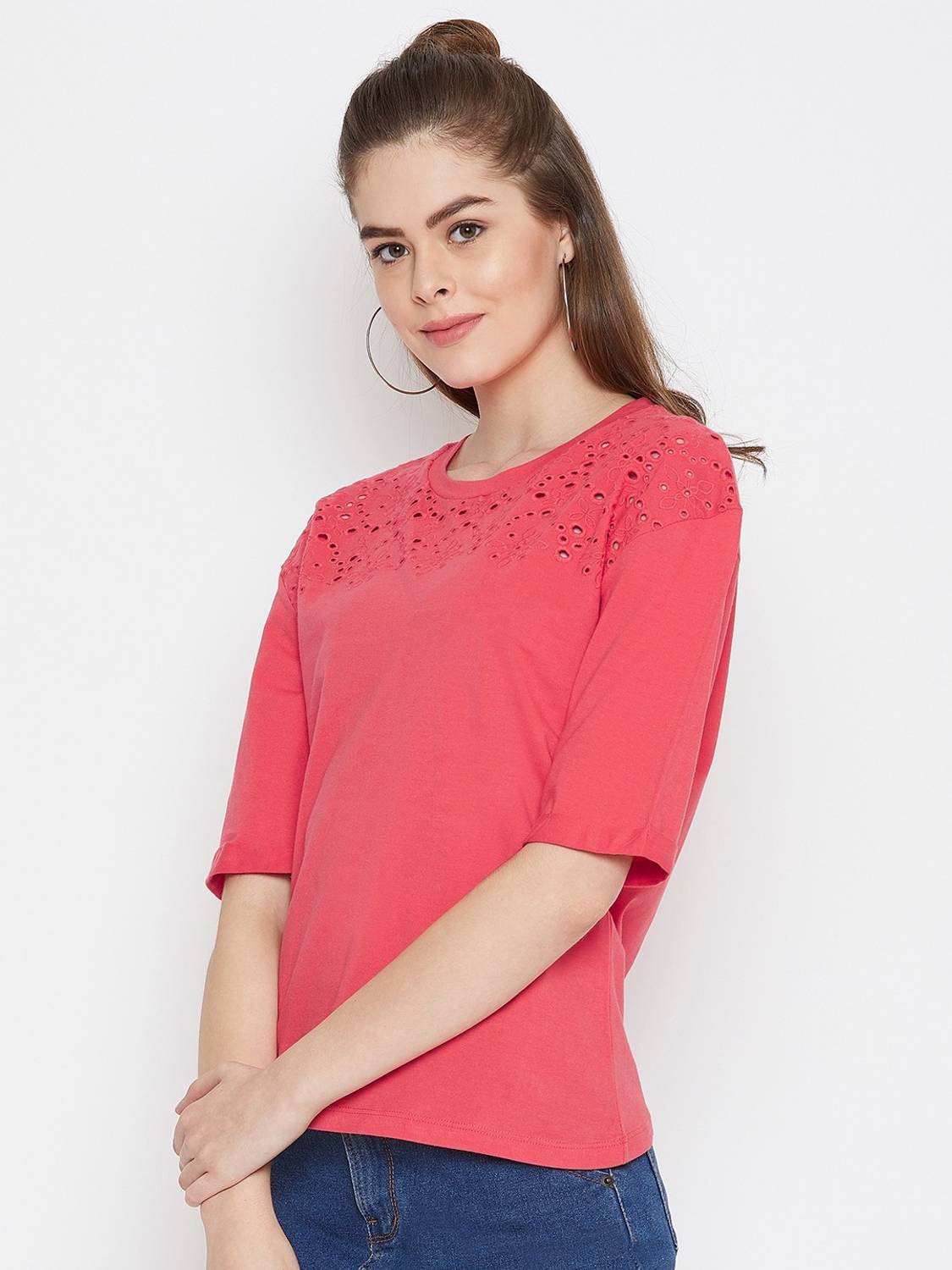 Austin Wood Casual 3/4 Sleeve Solid Women Pink Top