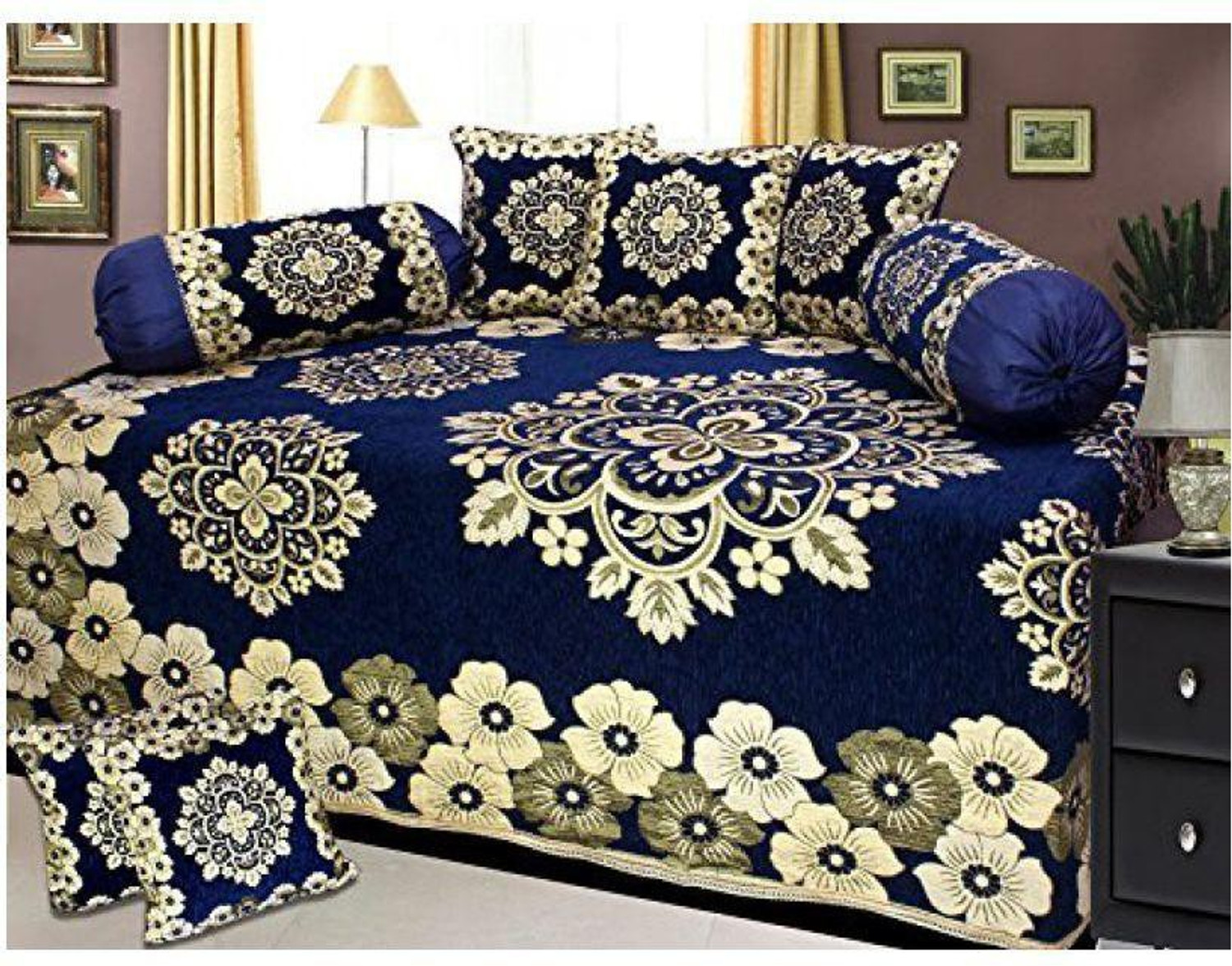 Image of AK Decor Velvet Floral Diwan Set (Blue)
