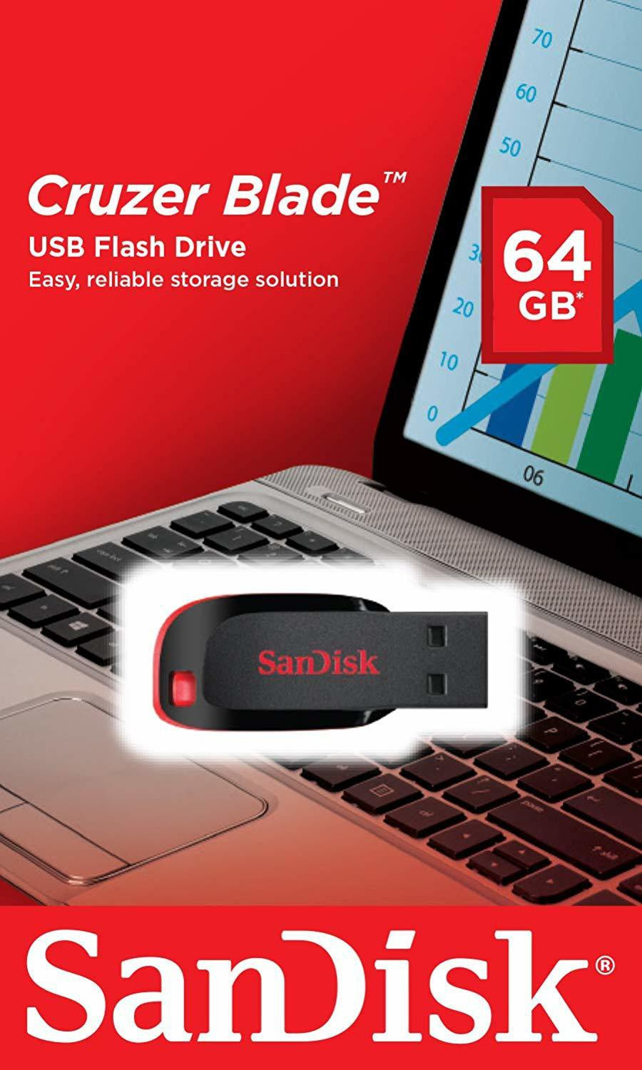 Image of SanDisk Cruzer Blade 64 GB Pen Drive Compatible with Laptop, Audio Player, Tablet, Desktop Computer, Television USB 2.0 Plastic Case