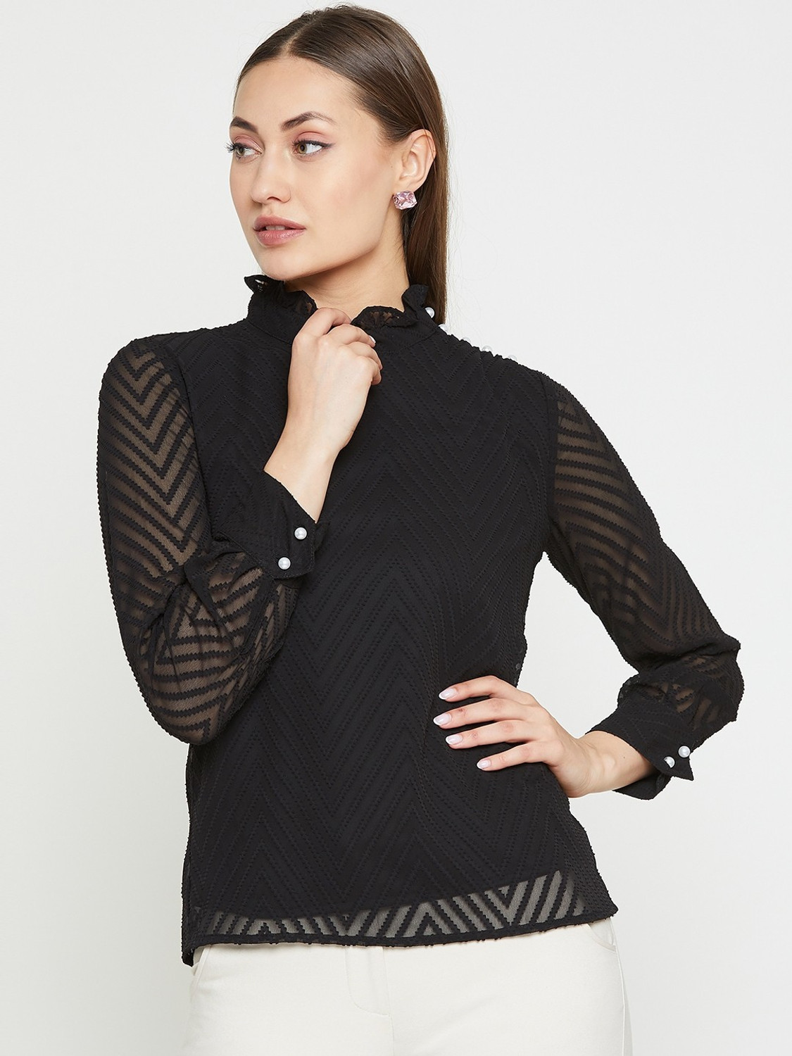 Image of RARE Casual Full Sleeve Solid Women Black Top
