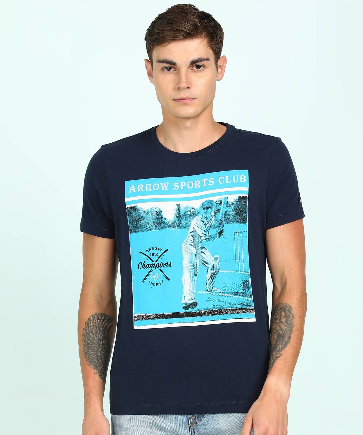 Arrow Sport Printed Men Round Neck Blue T-Shirt