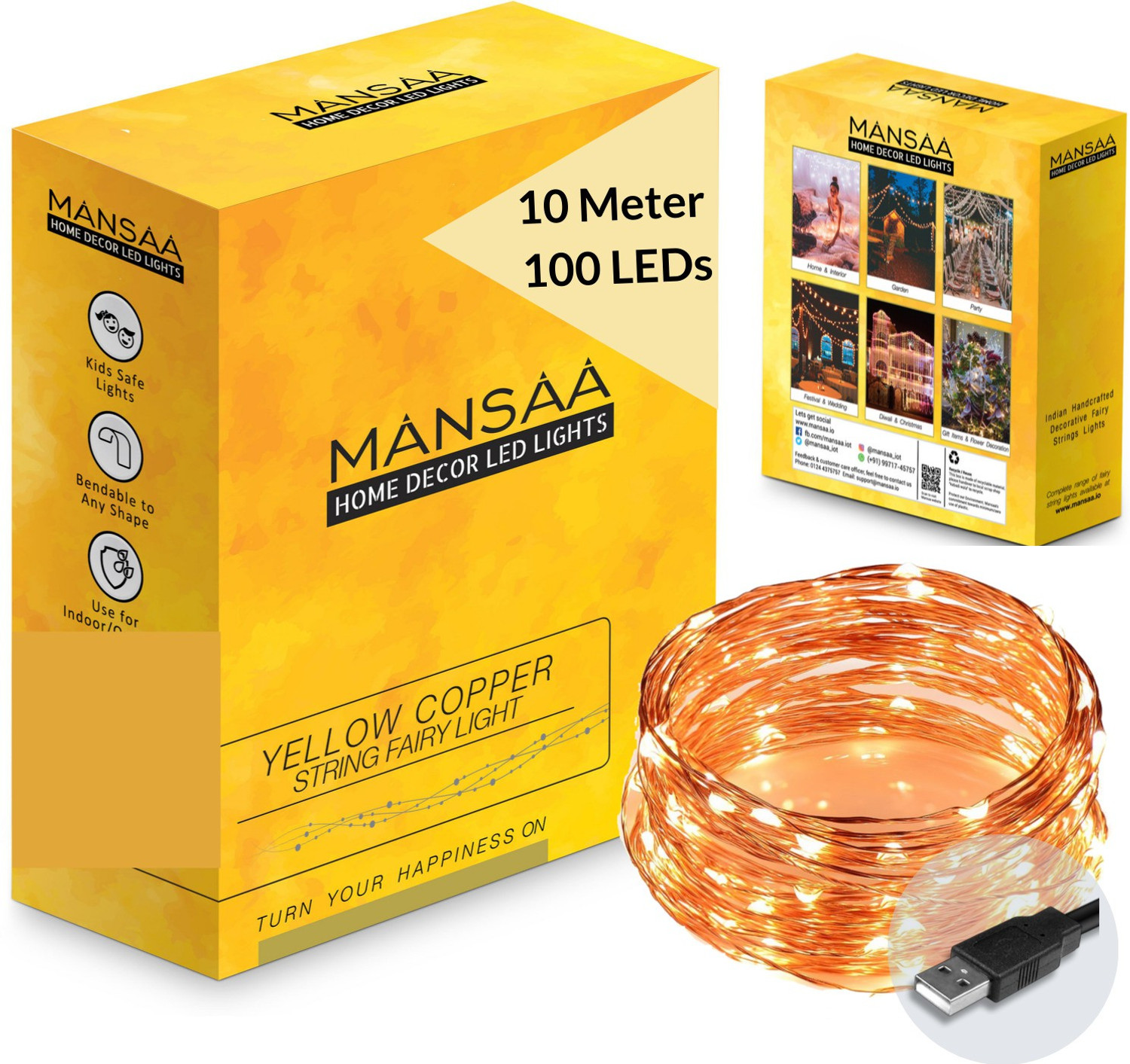 Image of MANSAA 100 LEDs 10.06 m Yellow, Gold Steady String Rice Lights