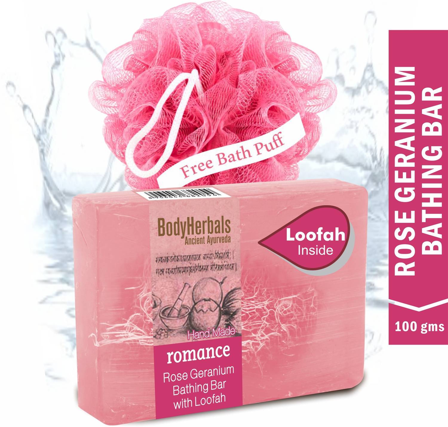 BodyHerbals Romance Soap, Hand Made Rose Geranium Bathing Bar with Natural Loofah