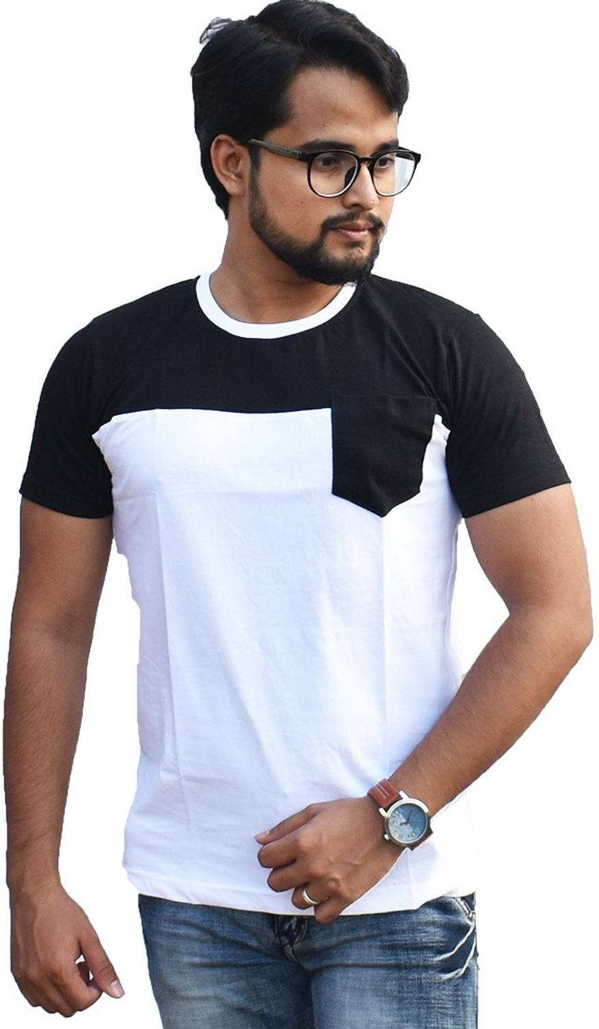 bong tees Colorblock Men Round Neck White, Black T-Shirt
