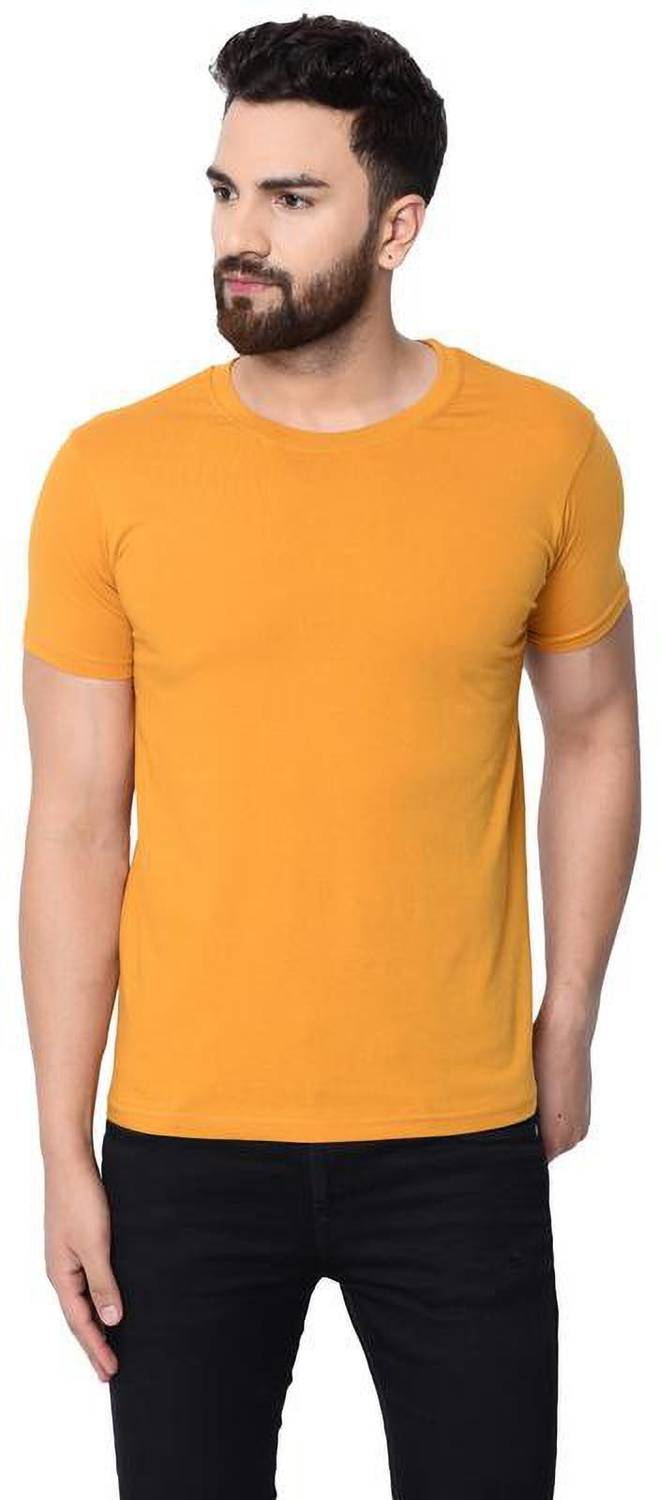 London Hills Men Solid Round Neck Cotton Blend Yellow T-Shirt