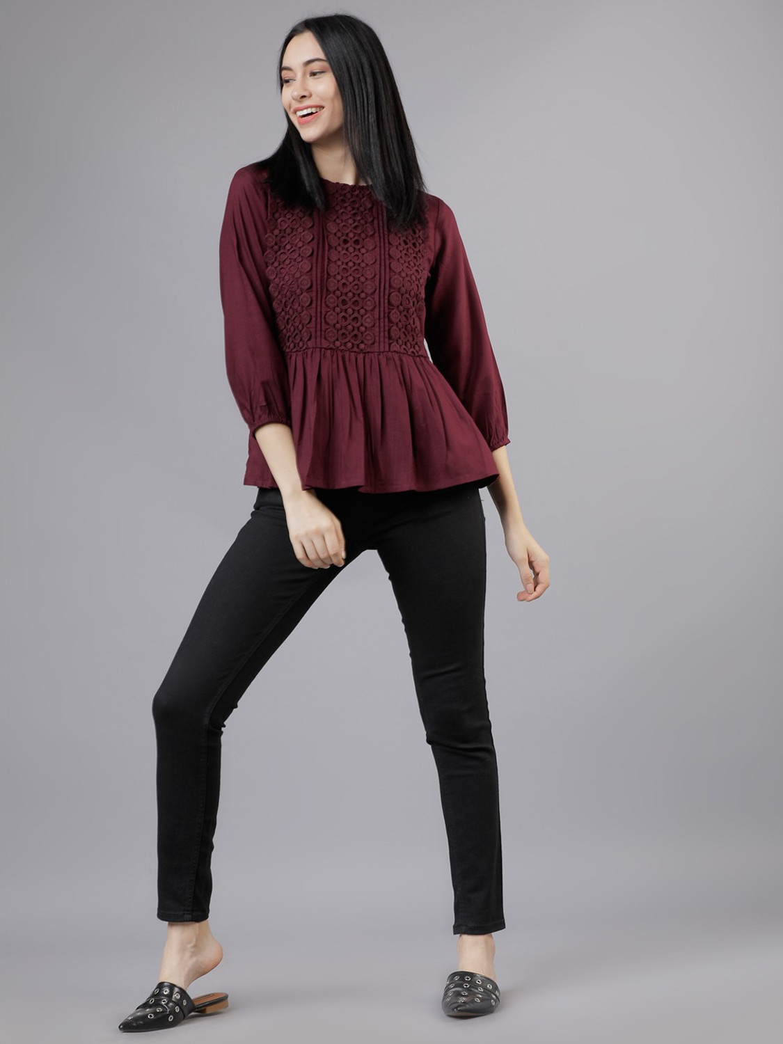 Image of Tokyo Talkies Casual 3 /4 Sleeve Solid Women Maroon Top