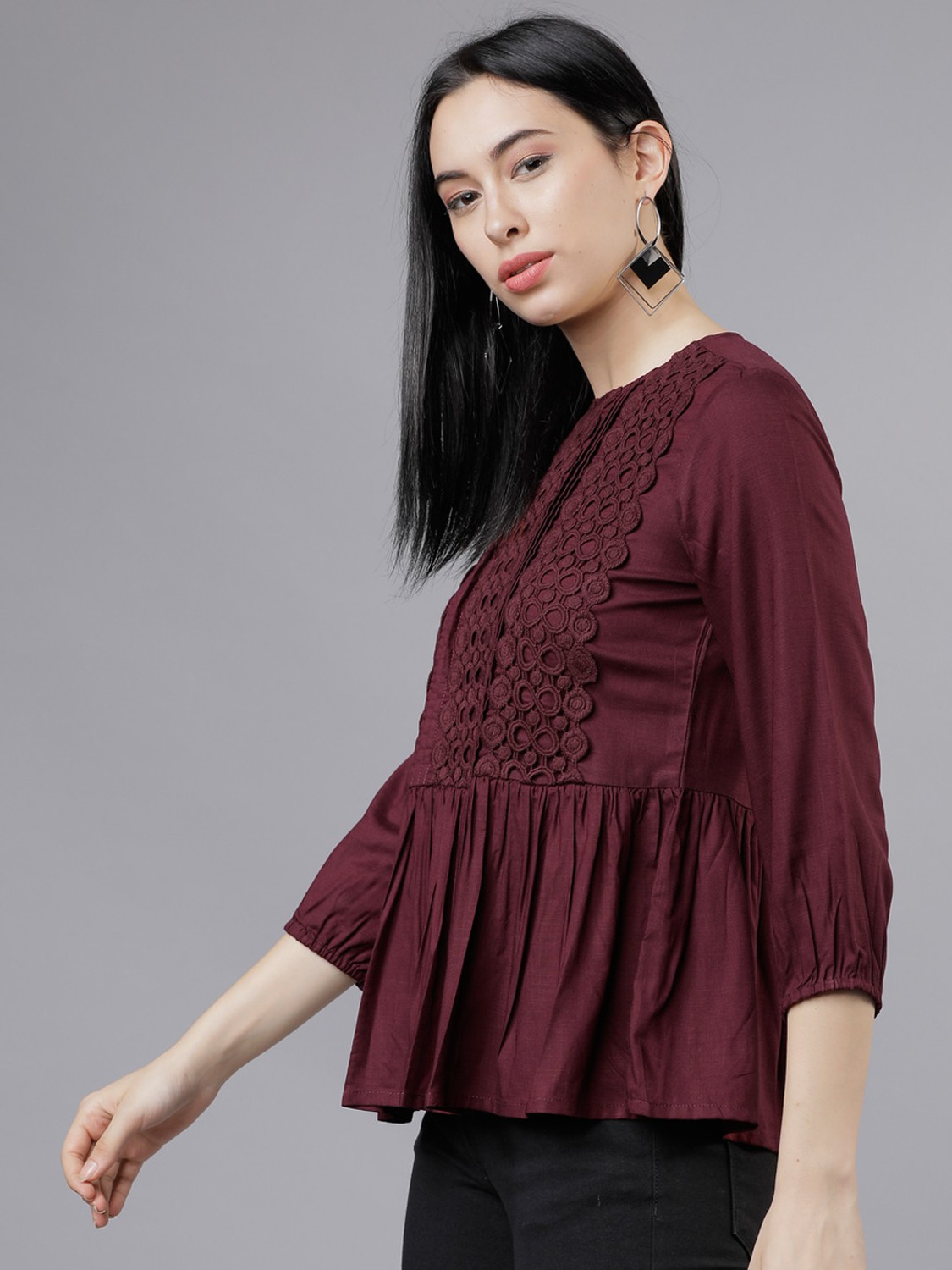Image of Tokyo Talkies Casual 3 /4 Sleeve Solid Women Maroon Top