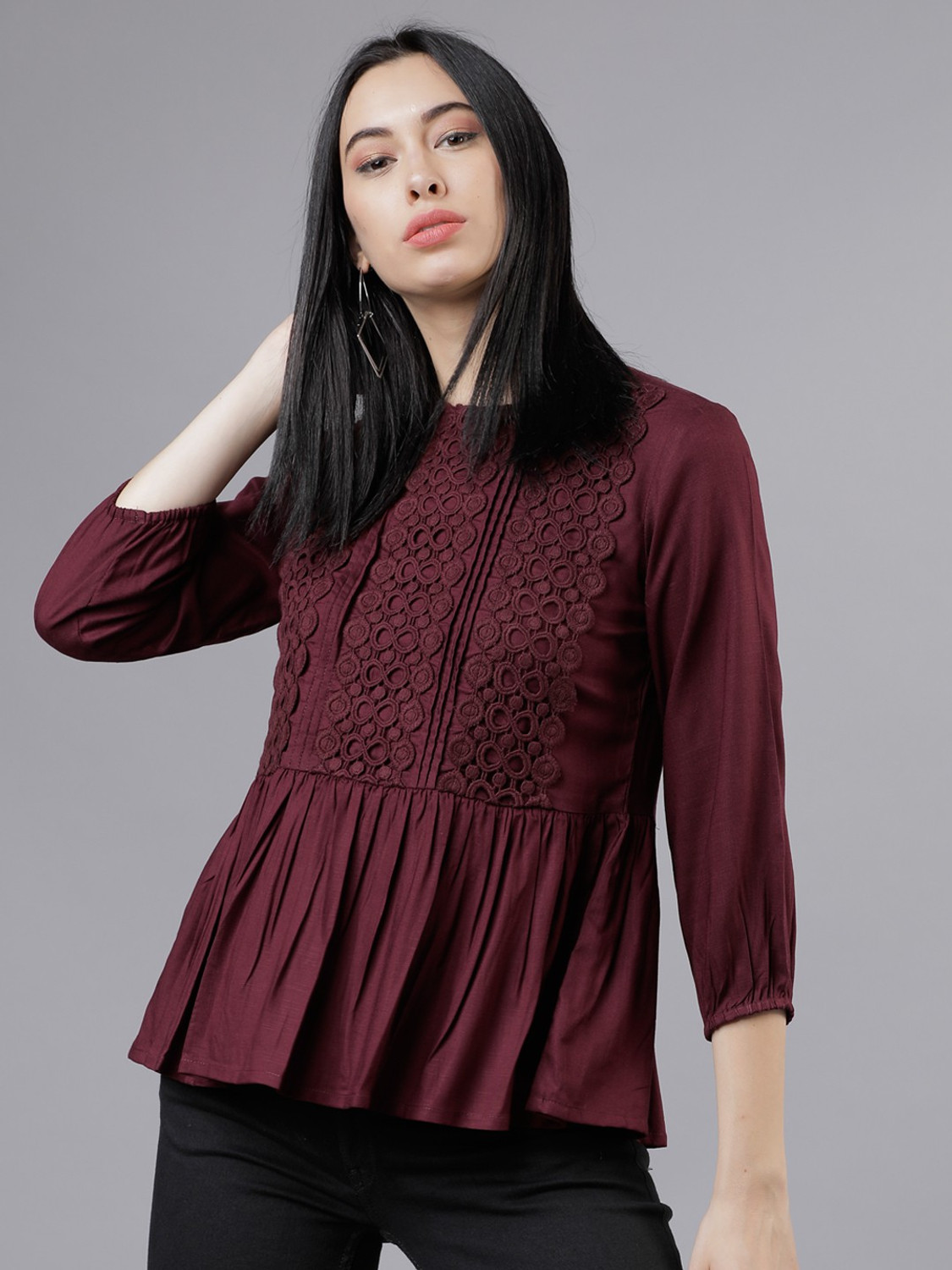 Image of Tokyo Talkies Casual 3 /4 Sleeve Solid Women Maroon Top