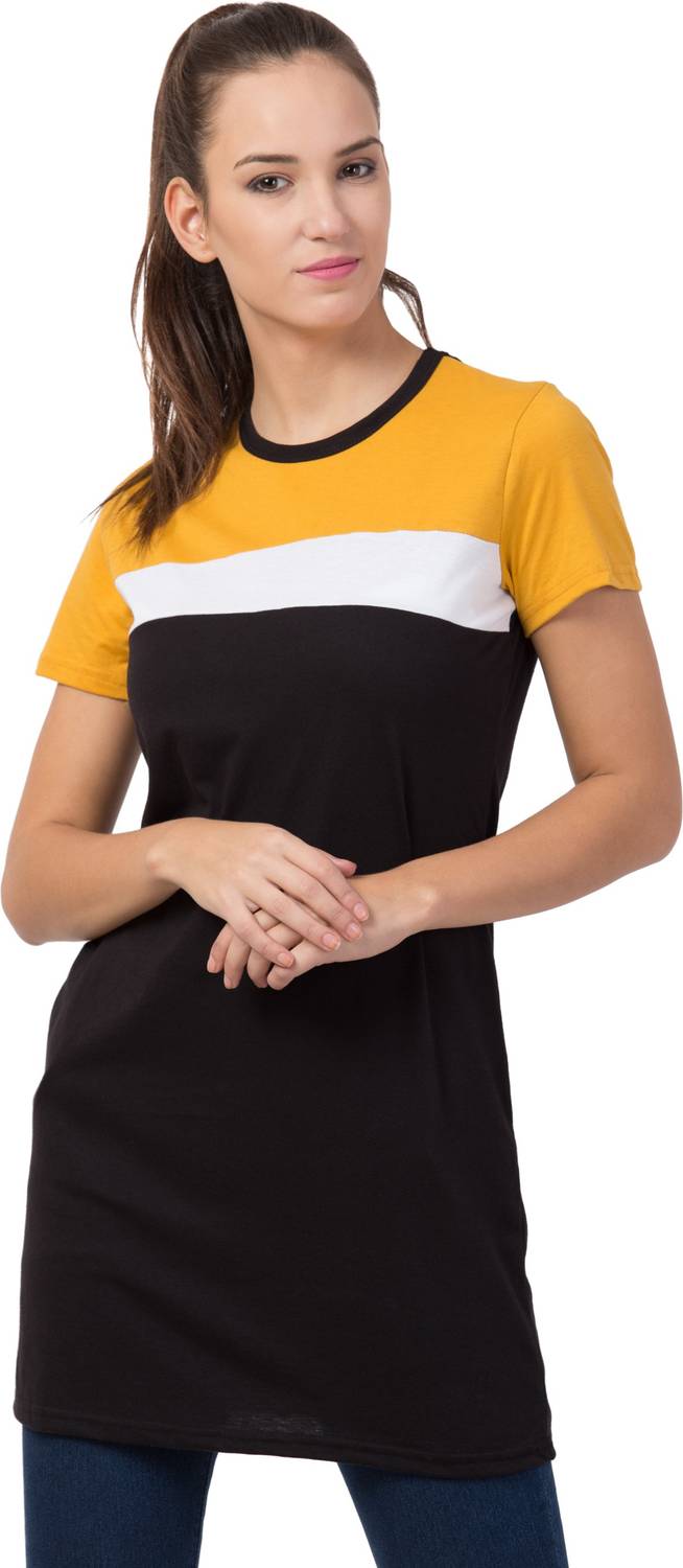 BESTIC FASHION Colorblock Women Round Neck White, Black, Yellow T-Shirt