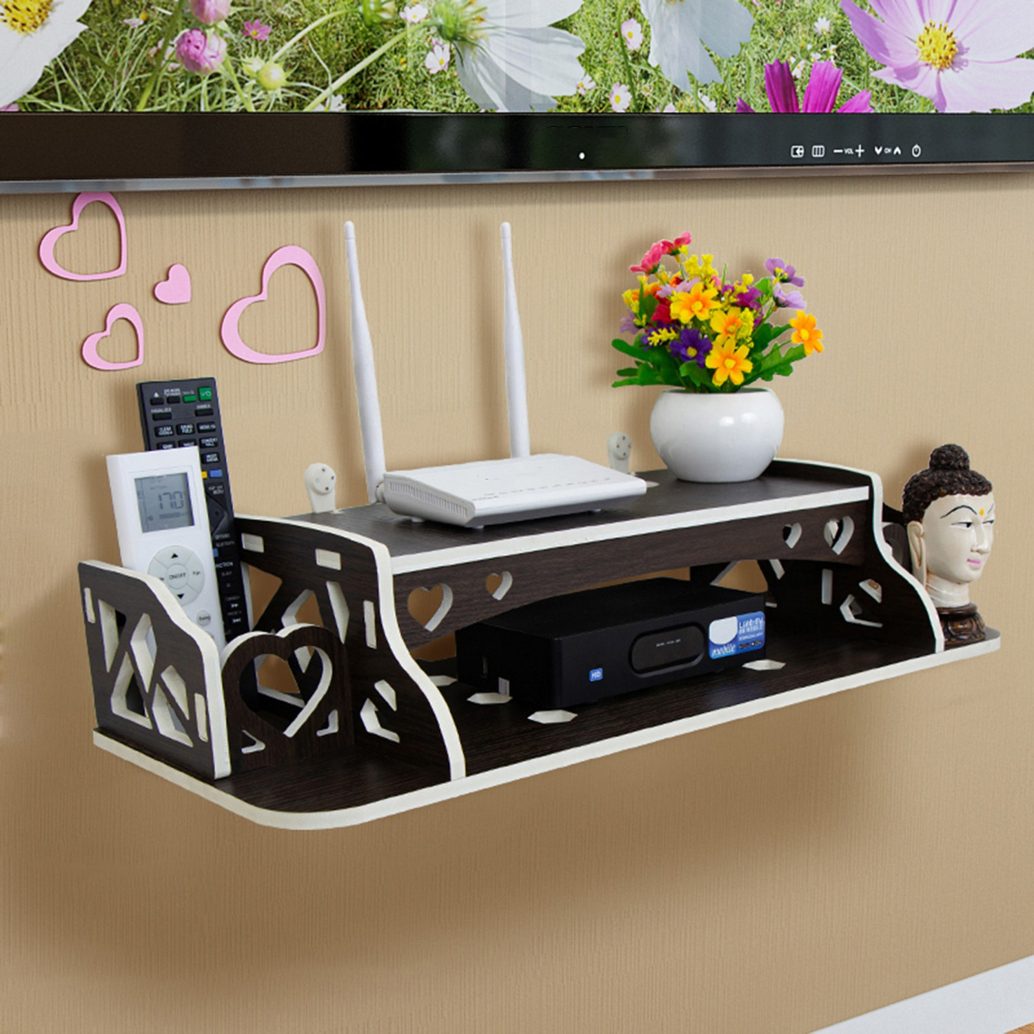 Image of WORA TV Set-Top Box Rack Living Room Wall Mount WiFi Router Organizer Particle Board Wall Shelf