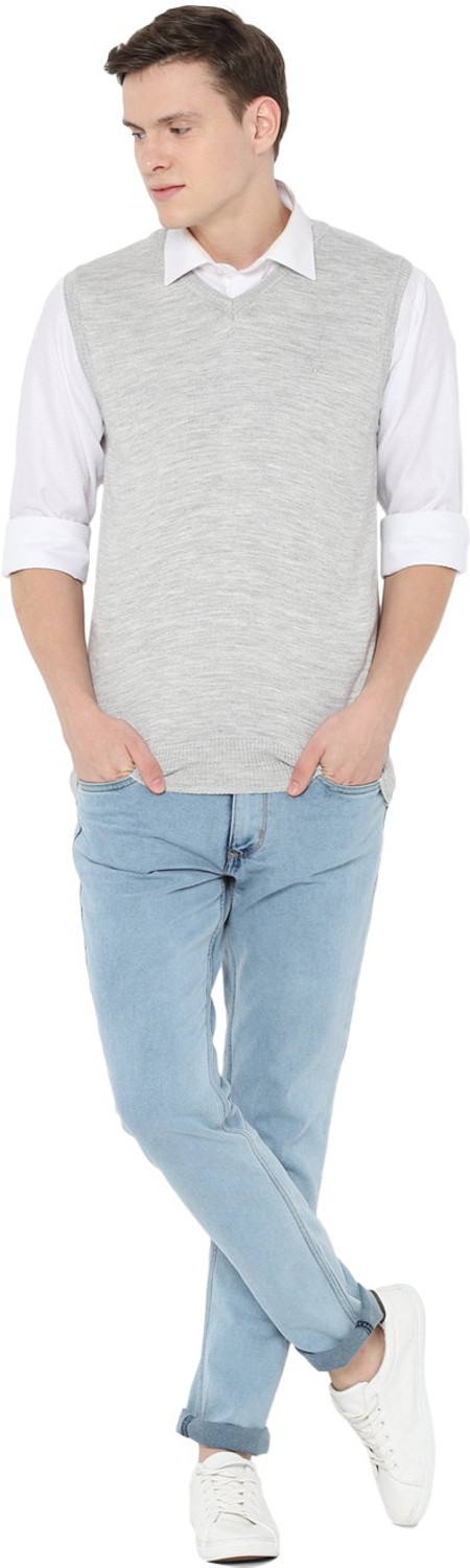 Image of Allen Solly Men Self Design V Neck Grey Sweater