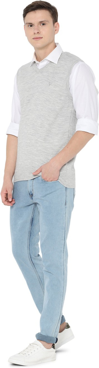 Image of Allen Solly Men Self Design V Neck Grey Sweater