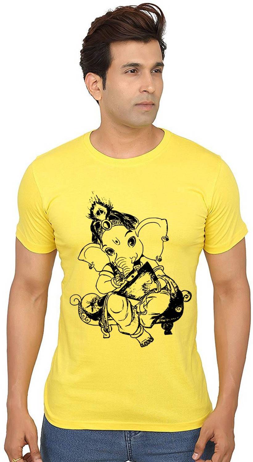 Aseria Printed Men Round Neck Yellow T-Shirt