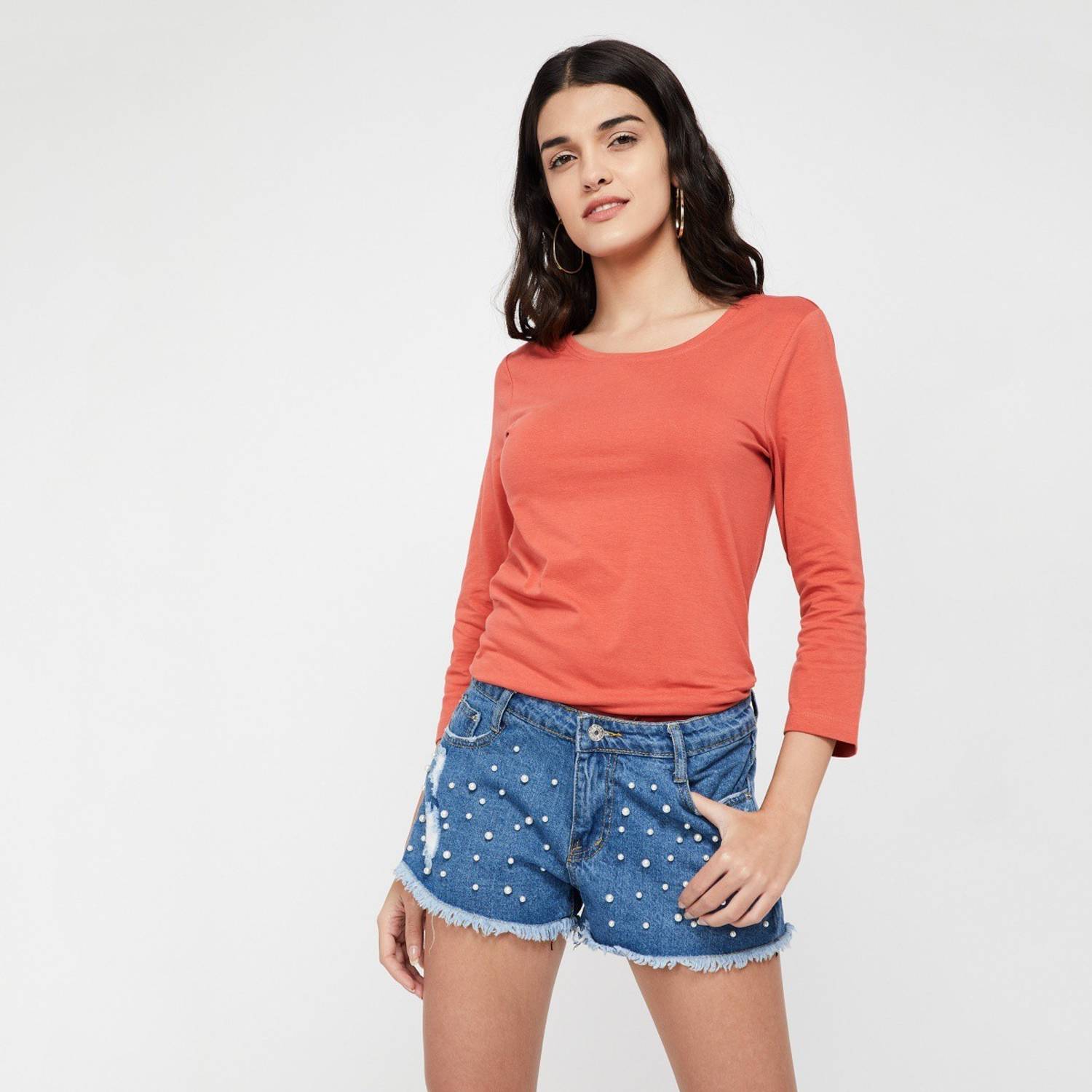 BOSSINI Casual Regular Sleeve Solid Women Orange Top
