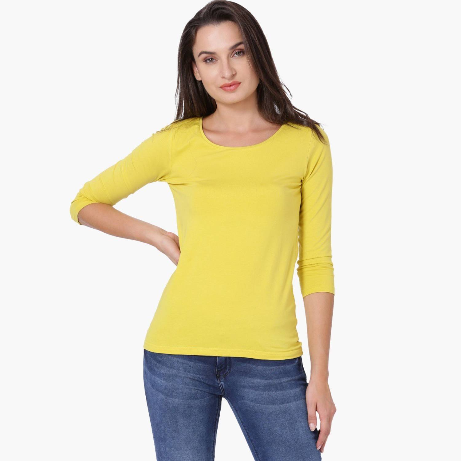 BOSSINI Casual Regular Sleeve Solid Women Yellow Top