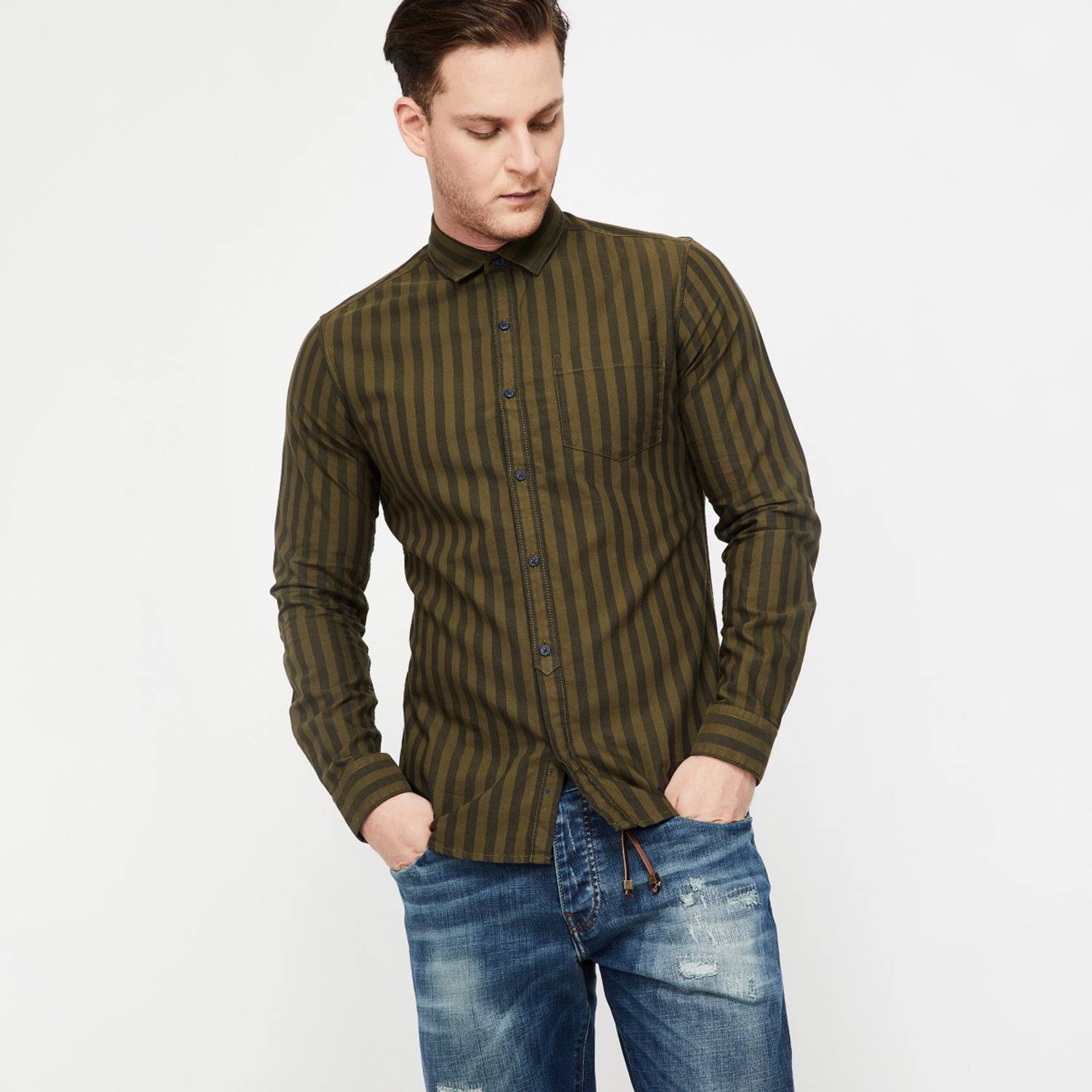 BOSSINI Men Striped Casual Dark Green Shirt