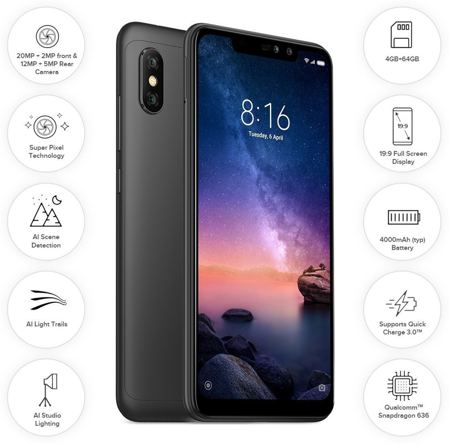 Image of Redmi Note 6 Pro (Black, 64 GB)