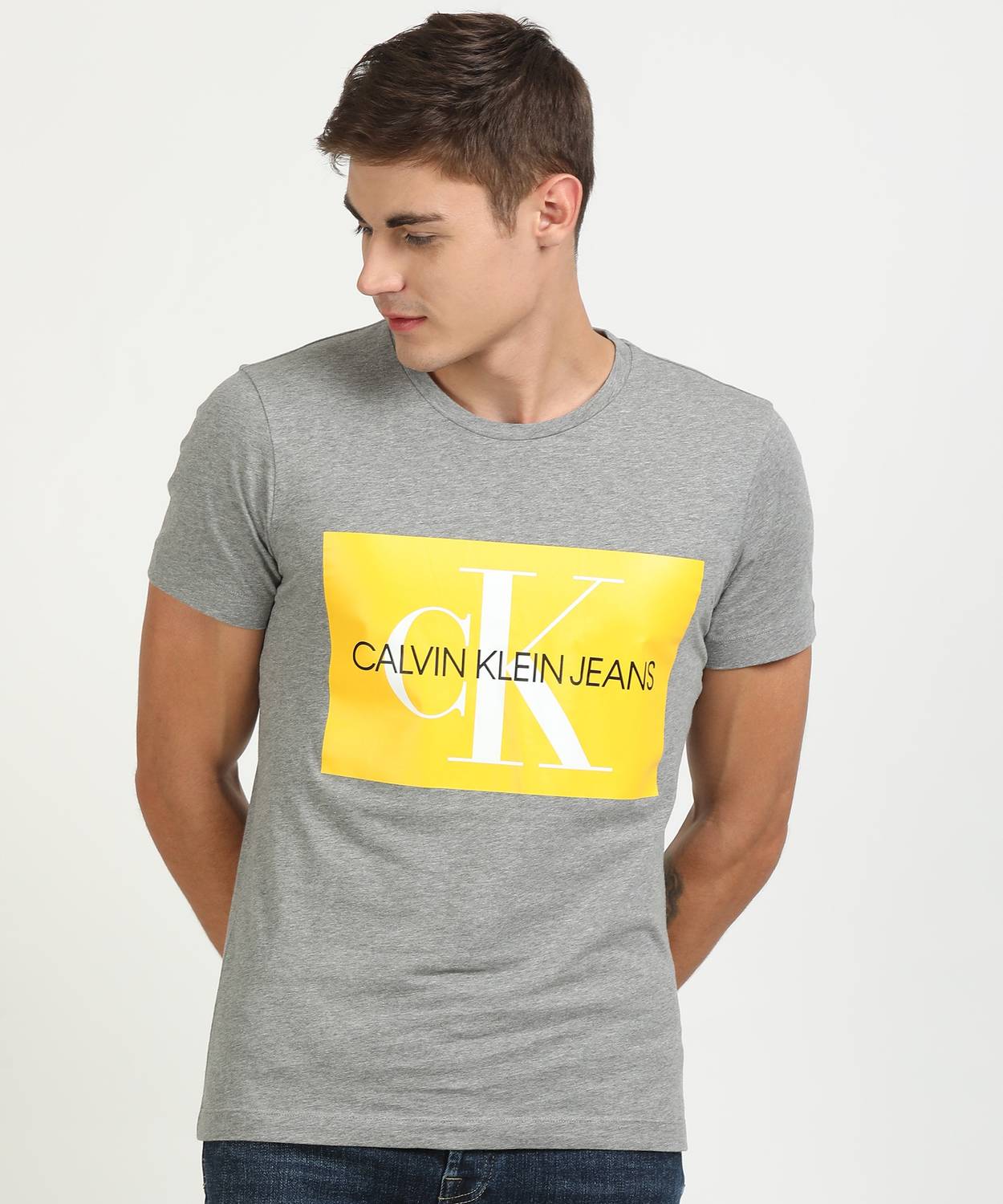 Calvin Klein Jeans Printed Men Round Neck Grey T-Shirt