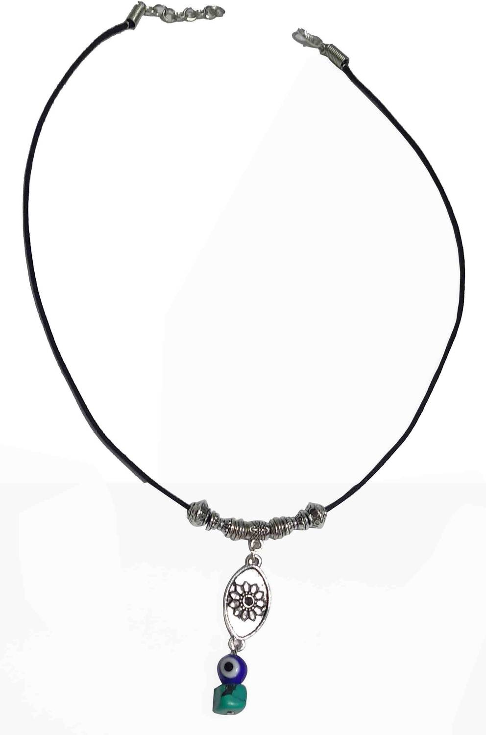 Gurjari Jewellers Oxidised Pendant + EVIL EYE BEADS + Black Thread Silver Plated Brass Necklace