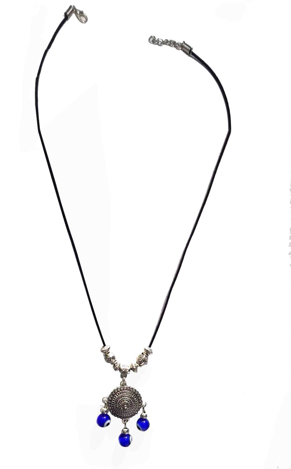 Gurjari Jewellers Oxidised ROUND Pendant + EVIL EYE BEADS + Black Thread Silver Plated Brass Necklace