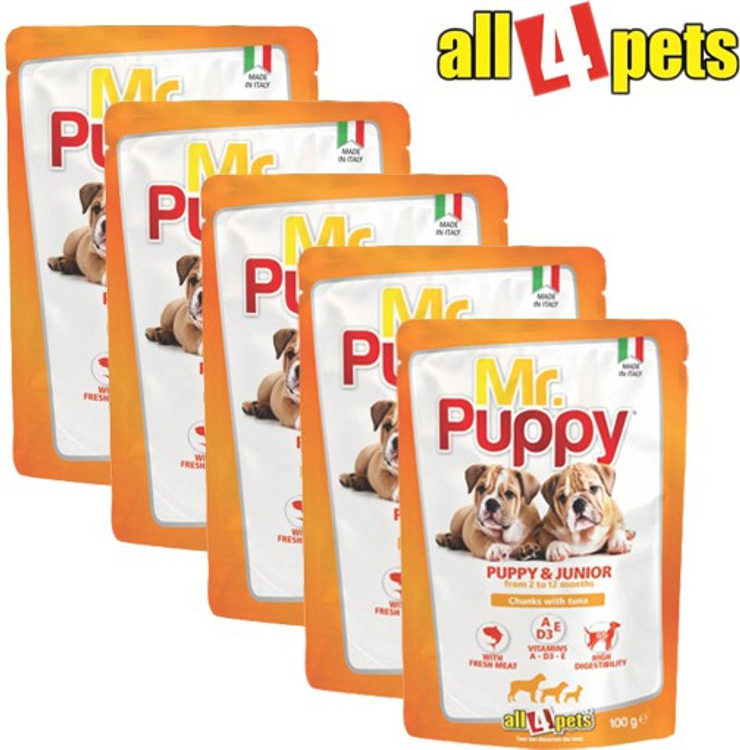 All4pets Mr.Puppy Chunks with Tuna 100gm (Pac of 5) Tuna 0.5 kg (5x0.1 kg) Wet New Born Dog Food
