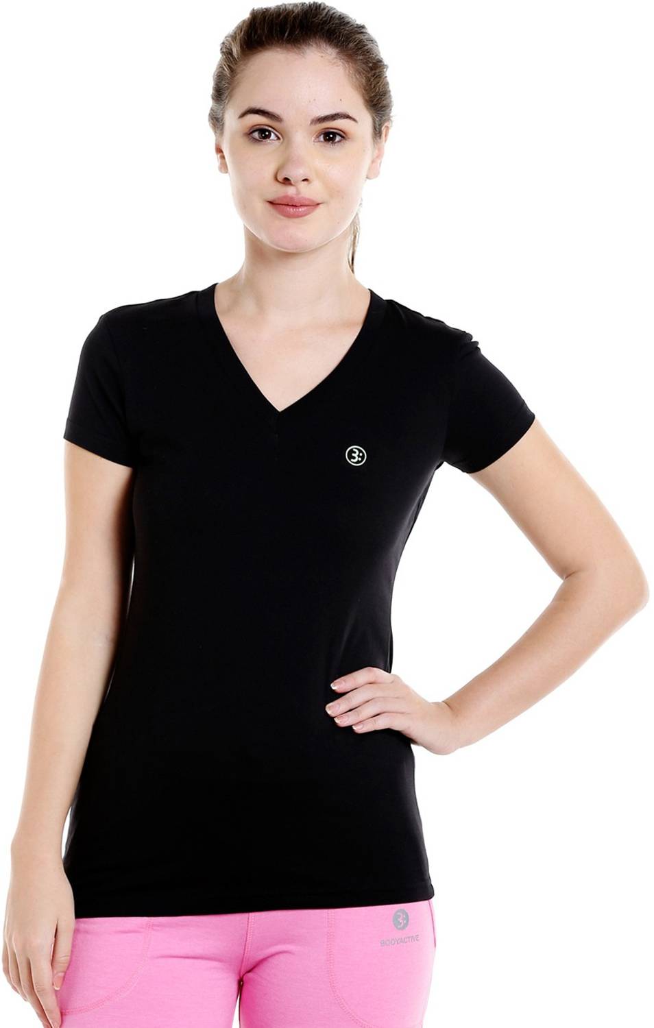 BODYACTIVE Solid Women V Neck Black T-Shirt