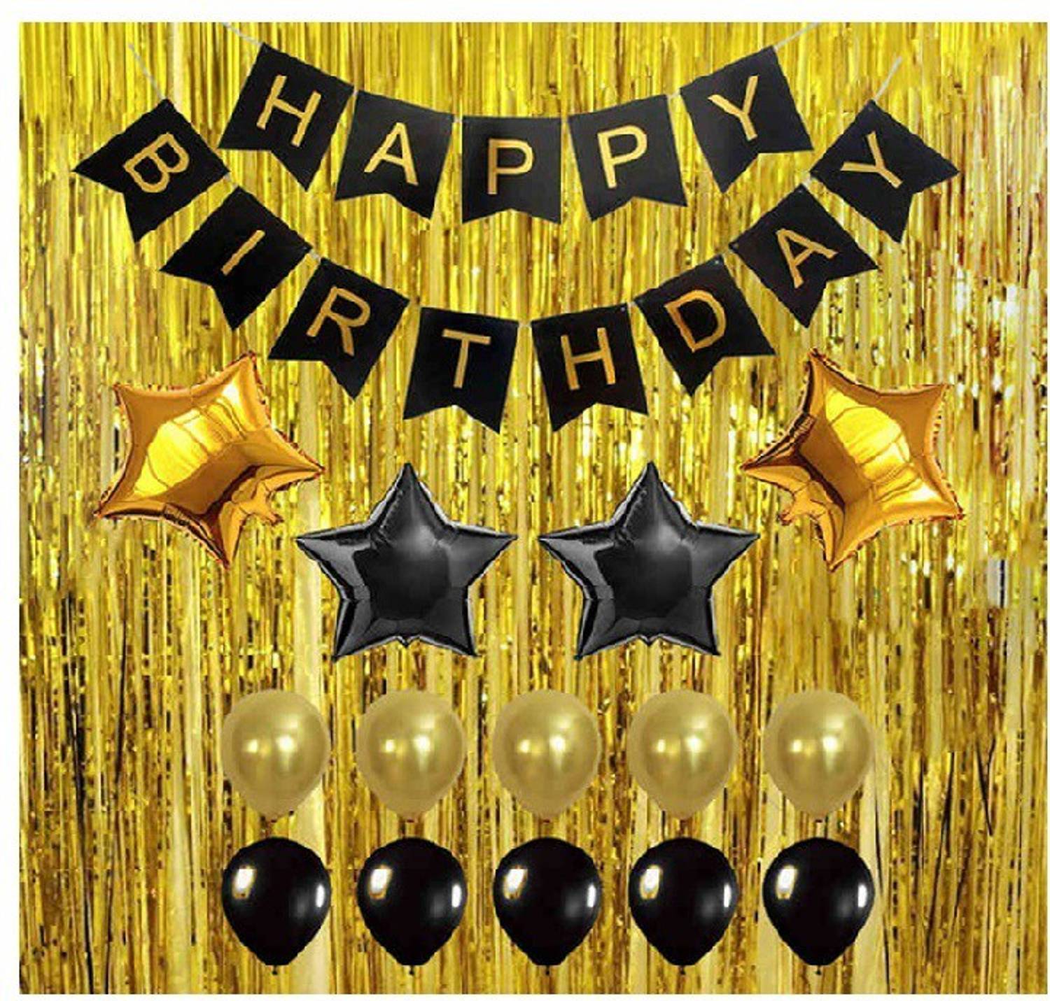 Balloons 1set Banner+2 Golden foil Curtains+4 Star foil Balloon+10pcs Latex Balloon Pack of 17