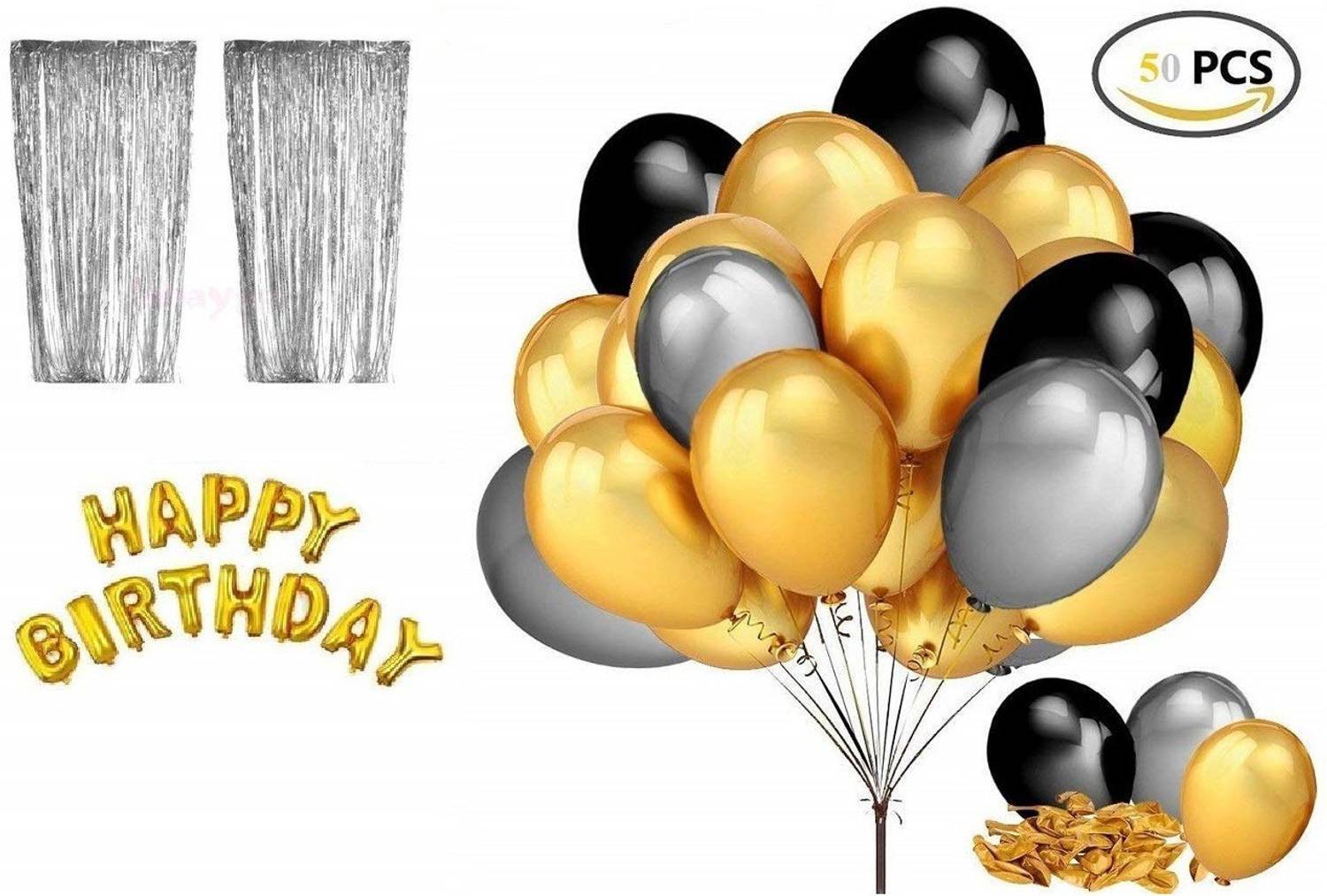 Balloons 1set Happy Birthday Golden Foil Balloon+2 Silver Foil Curtains+50pcs Latex Balloon Pack of 53
