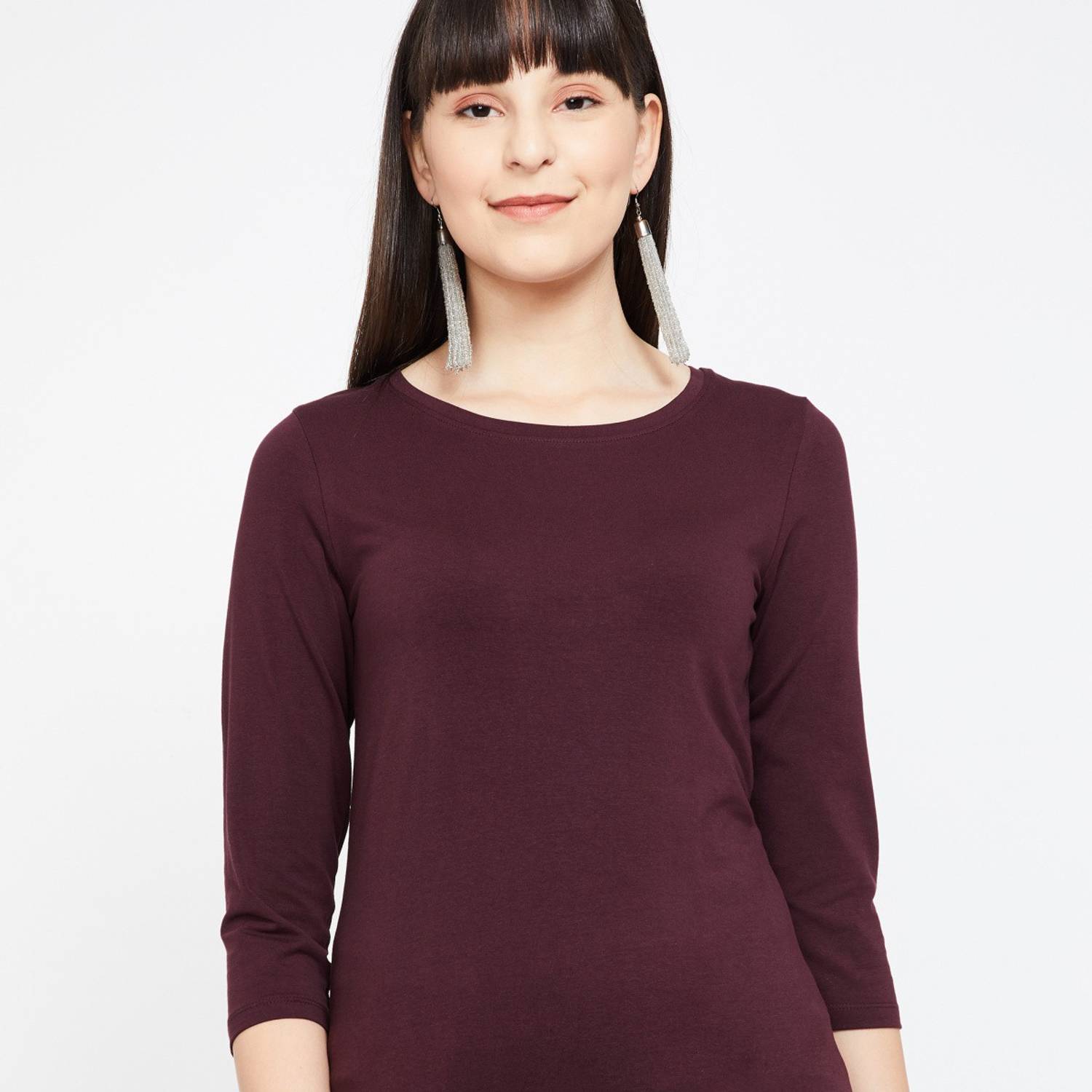 BOSSINI Casual 3/4 Sleeve Solid Women Brown Top