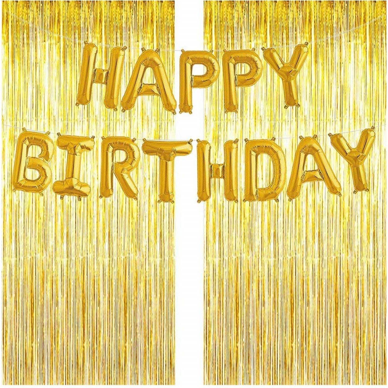 Balloons Festiko 3 * 6ft (Set-2) Golden foil Curtains +Golden Happy Birthday foil Balloon Decoration (Birthday Foil Balloon & Gold foil Curtain) Pack of 2