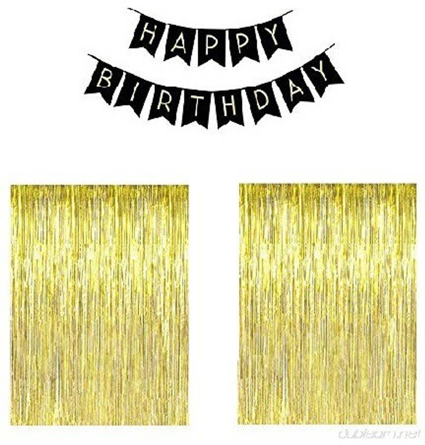 Balloons Festiko Set of 2 Golden Metallic foil Curtains(6ft*3ft)+1set Happy Birthday Black Banner Combo Decoration Item (Birthday Combo-3pcs) Pack of 3