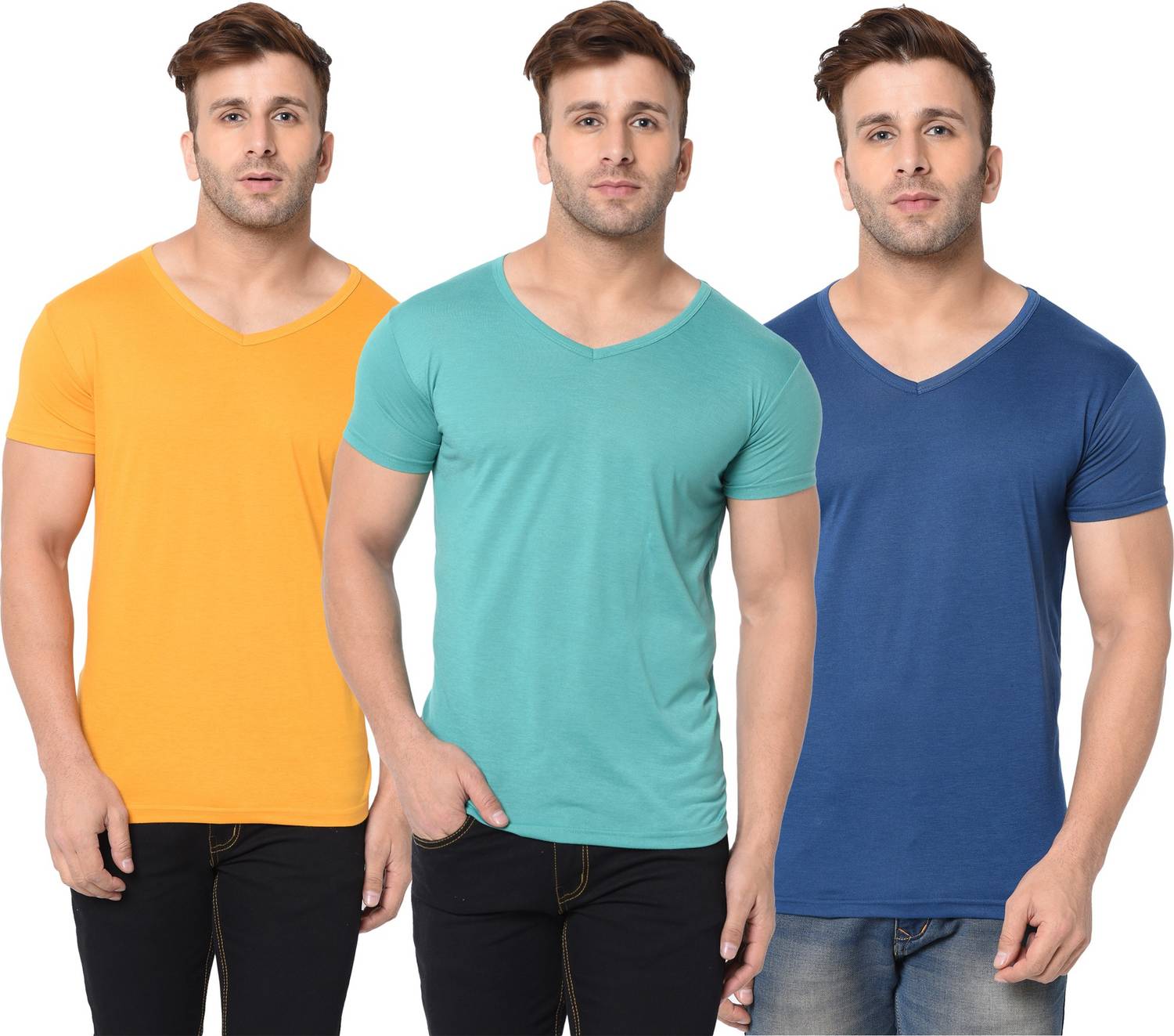 Jangoboy Solid Men V Neck Dark Blue, Yellow, Light Green T-Shirt