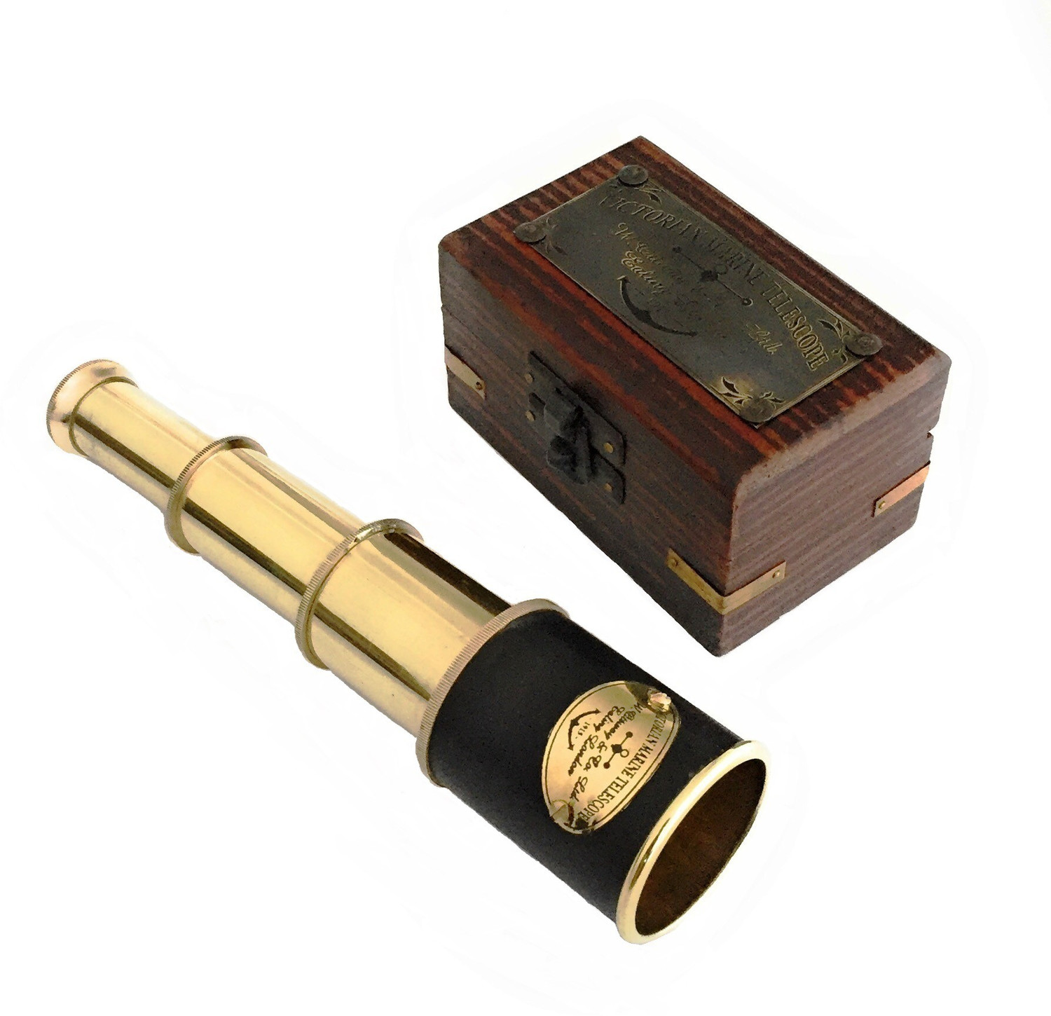 Image of Shoptreed Vintage Nautical 4 fold 7 inch Victorian Marine Brass Telescope with Wood Box Catadioptric Telescope