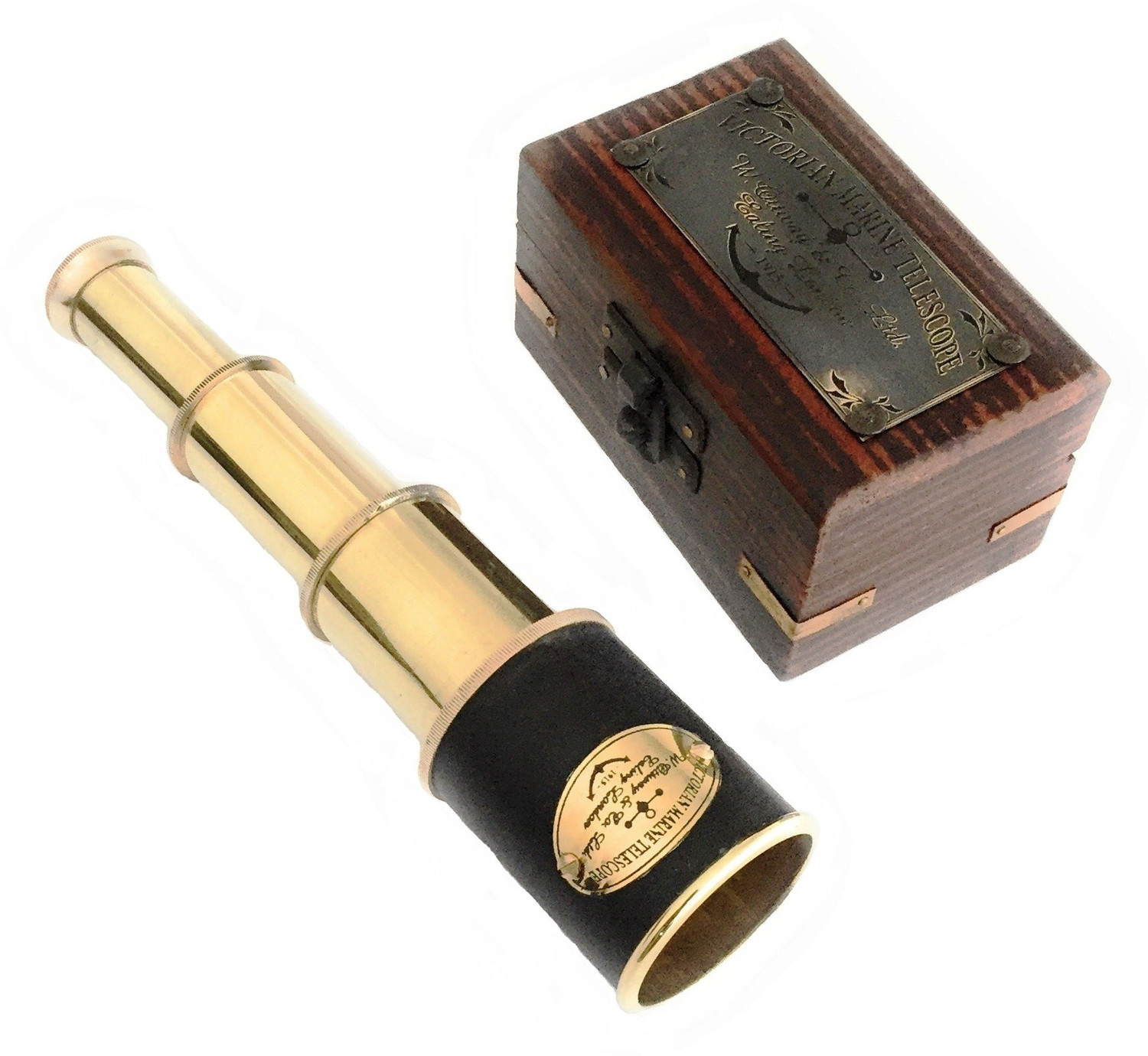 Image of Shoptreed Vintage Nautical 4 fold 7 inch Victorian Marine Brass Telescope with Wood Box Catadioptric Telescope