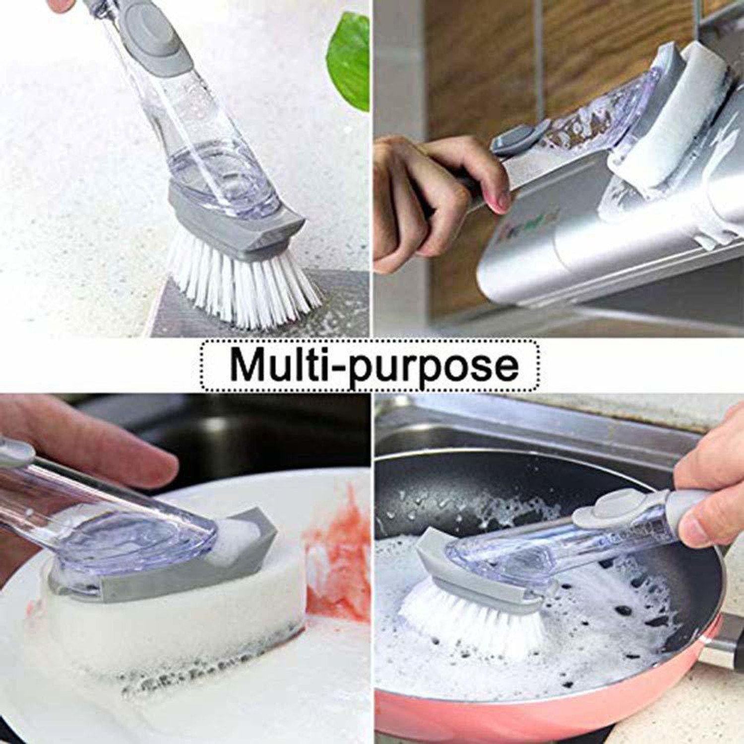 Image of Rexmon Kitchen Cleaning Brush Scrubber Dish Bowl Washing Sponge with Refill Liquid Soap Dispenser Kitchen Pot Cleaner Plastic Wet and Dry Brush