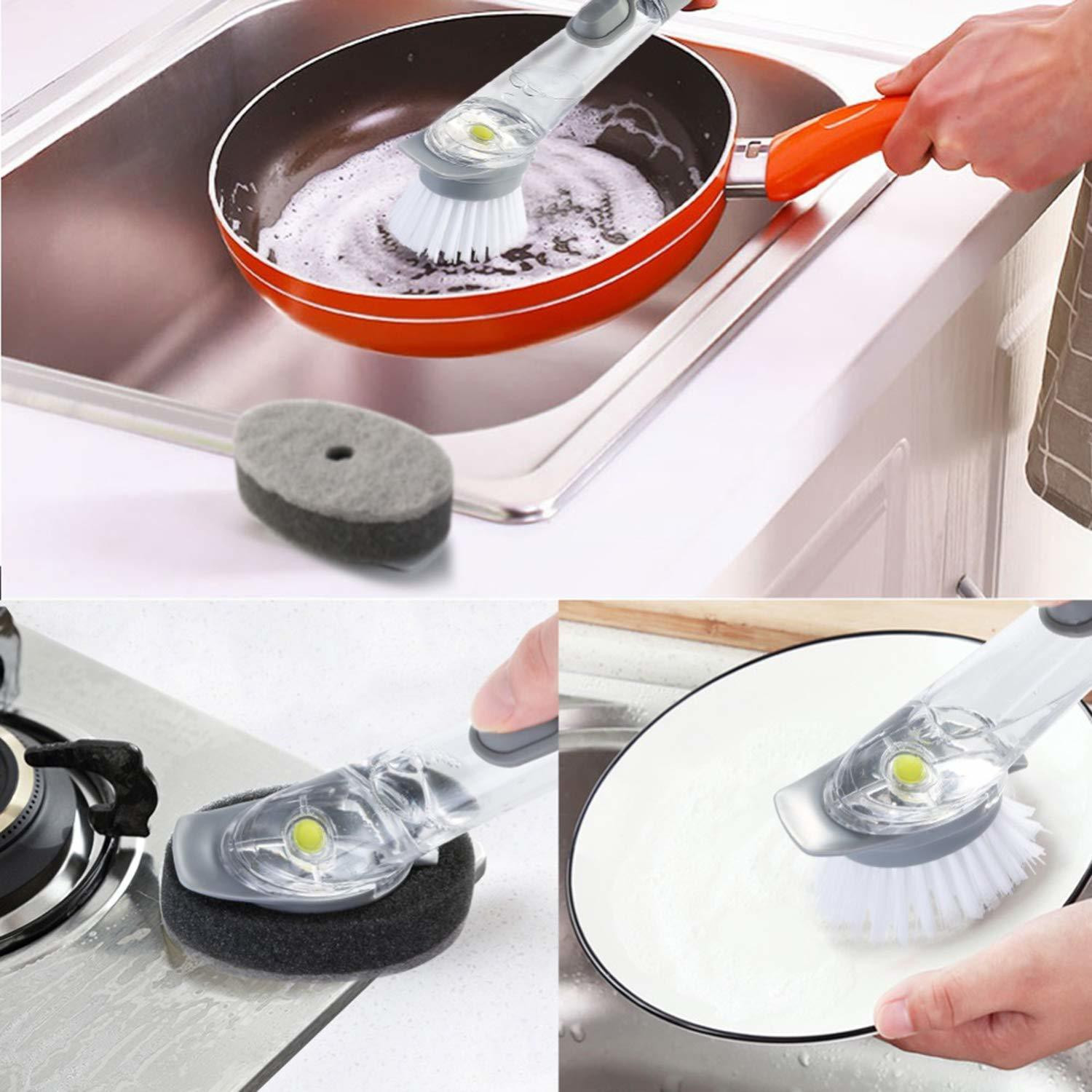 Image of Rexmon Kitchen Cleaning Brush Scrubber Dish Bowl Washing Sponge with Refill Liquid Soap Dispenser Kitchen Pot Cleaner Plastic Wet and Dry Brush