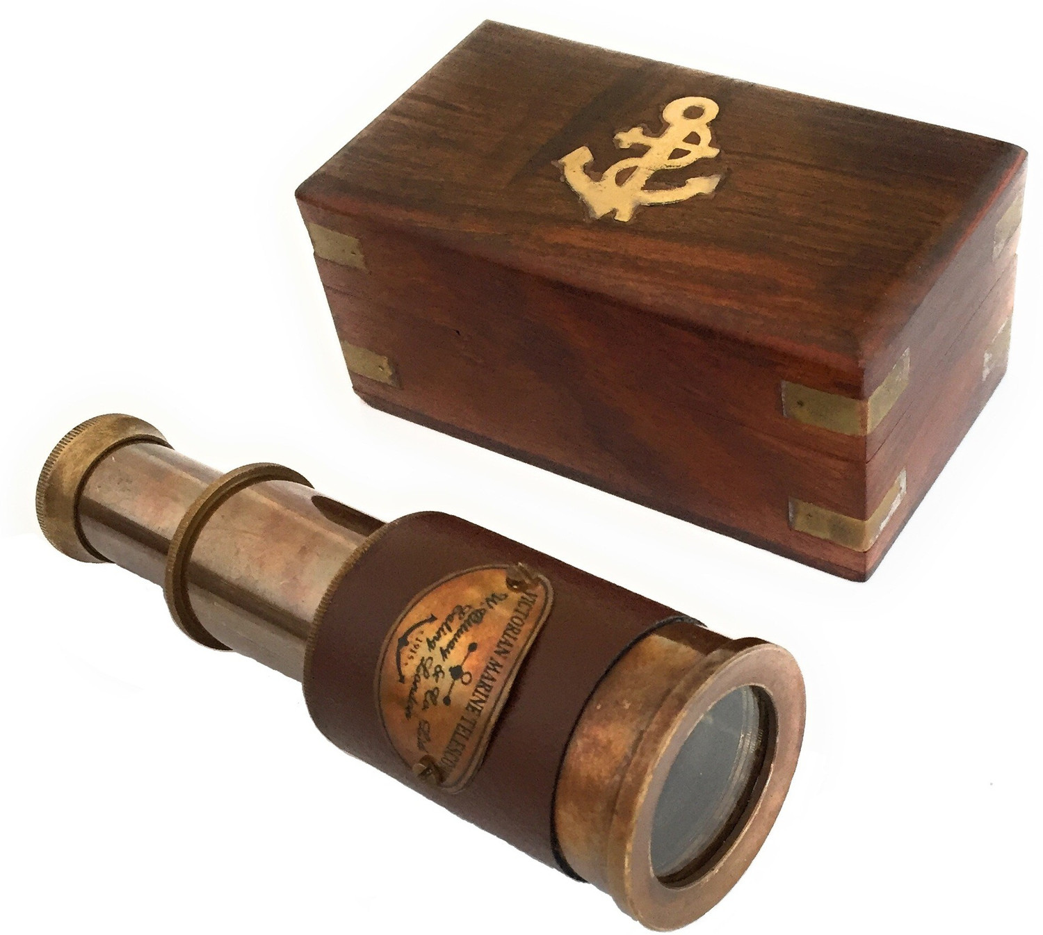 Image of Shoptreed Vintage Nautical 5 inch leather Victorian Marine Brass Telescope with Wood Box Catadioptric Telescope