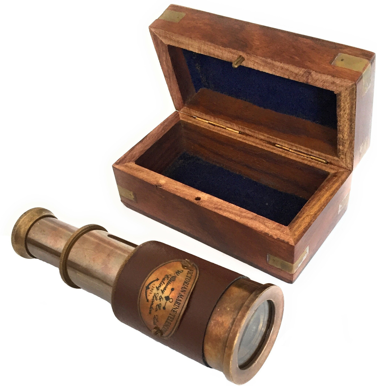 Image of Shoptreed Vintage Nautical 5 inch leather Victorian Marine Brass Telescope with Wood Box Catadioptric Telescope