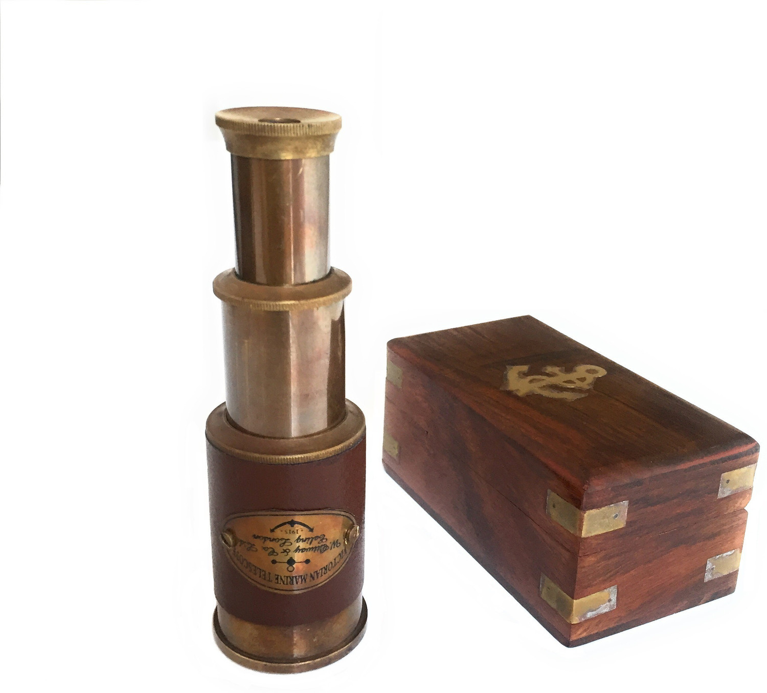 Image of Shoptreed Vintage Nautical 5 inch leather Victorian Marine Brass Telescope with Wood Box Catadioptric Telescope